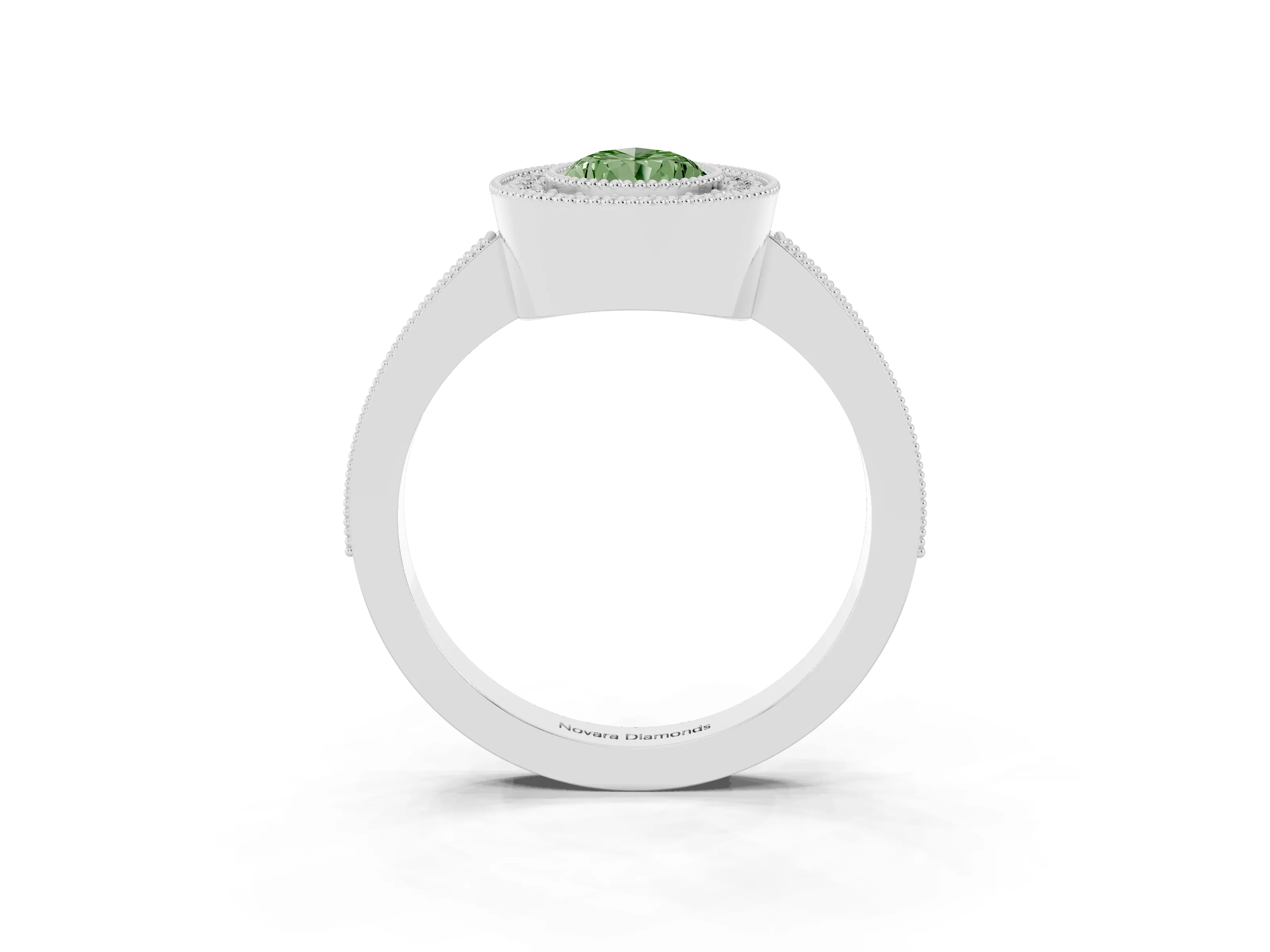 Fancy Green Pear Cut Diamond Halo Engagement Ring Set in White gold with Pavé Band and Round Halo Stones