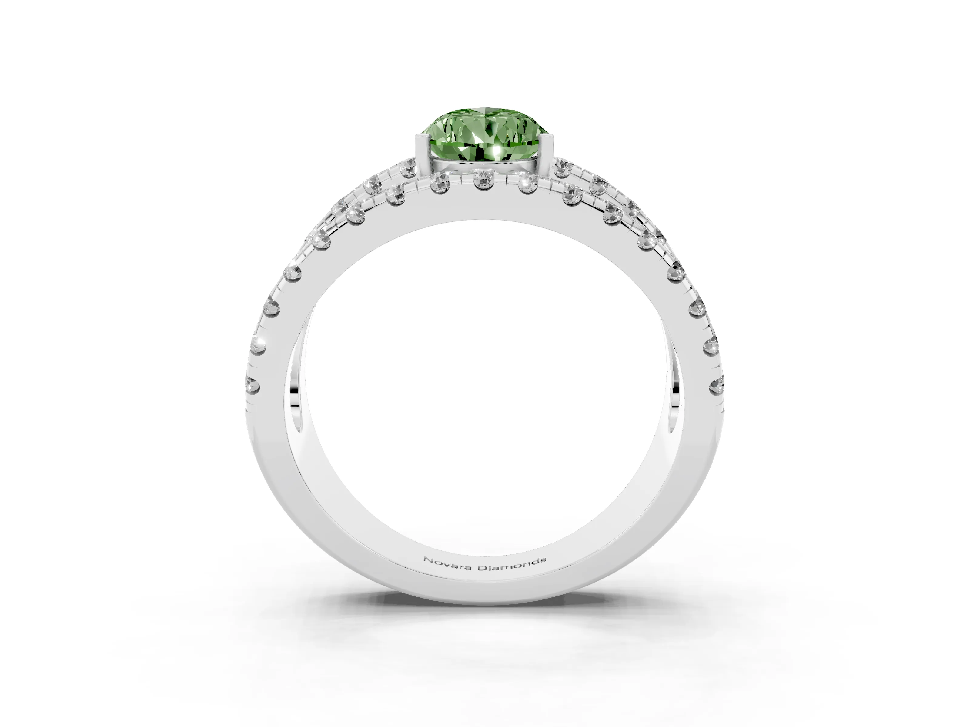 Fancy Green Pear Cut Diamond Split Shank Pavé Solitaire Ring Set in Platinum with Open Shank Design
