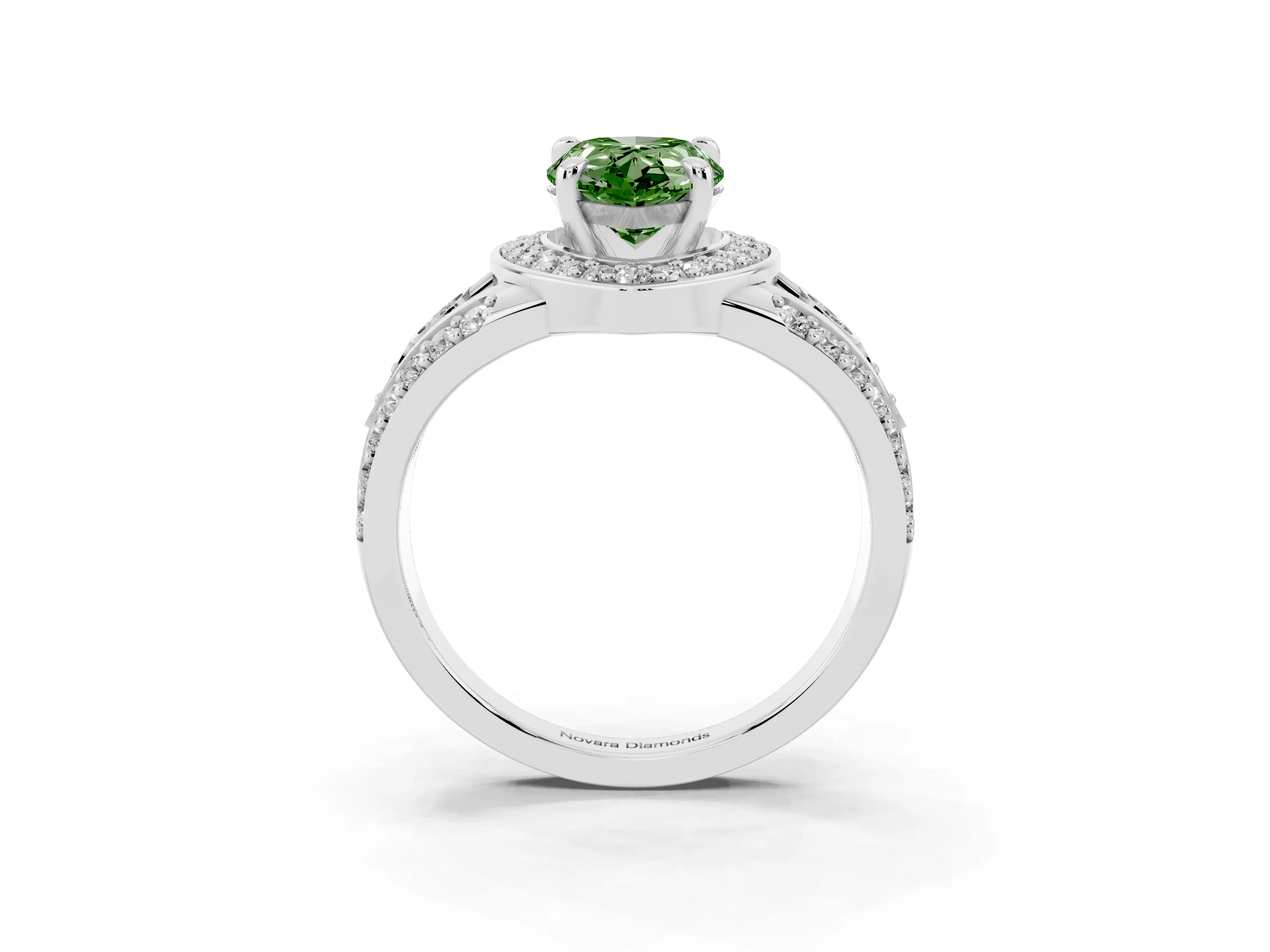 Fancy Green Pear Cut Diamond Halo Ring Set in White gold with Pavé Split Shank and Bezel Accents