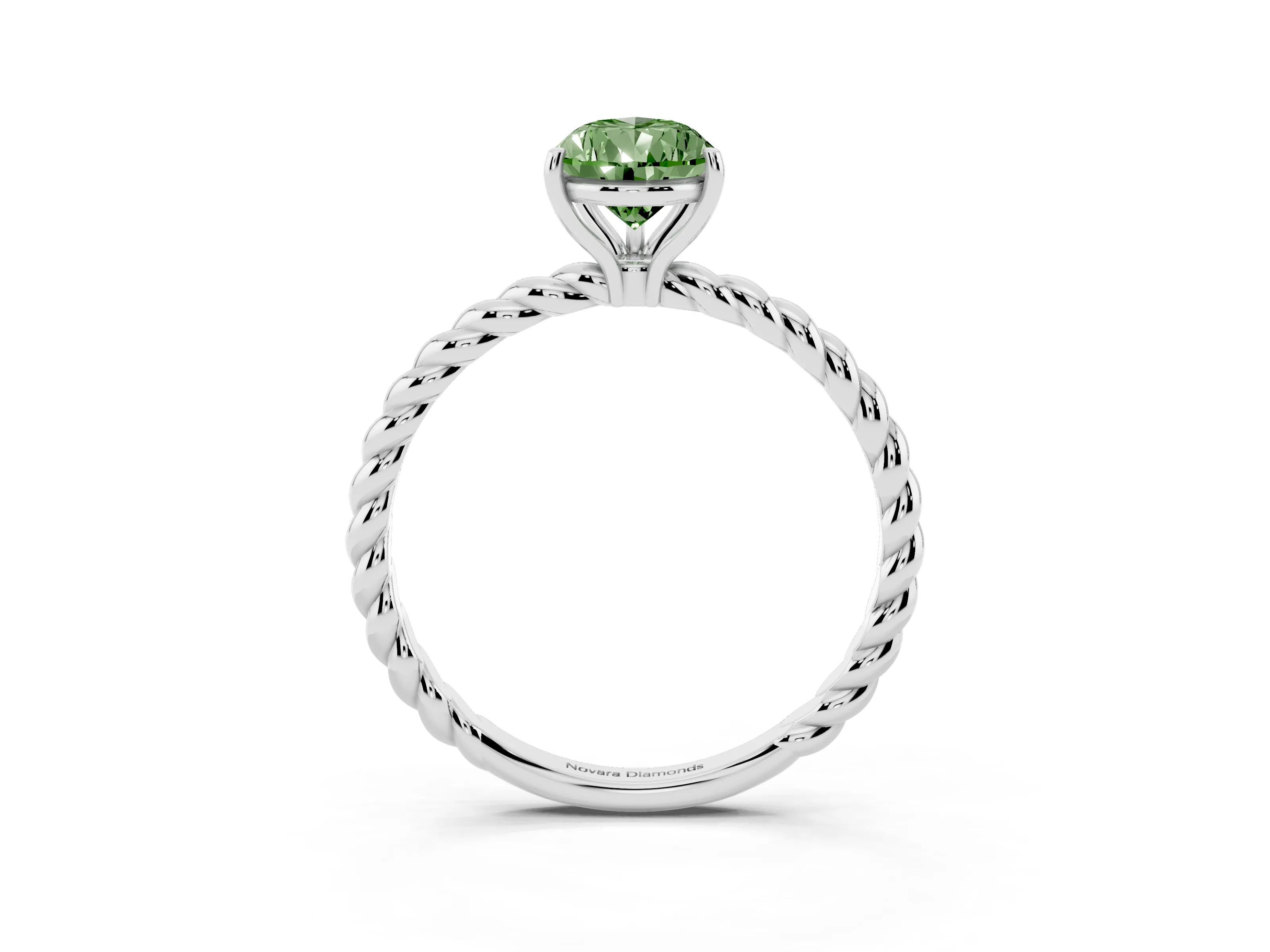 Fancy Green Pear Cut Diamond Solitaire Ring Set in White gold with Twist Band and Prong Setting