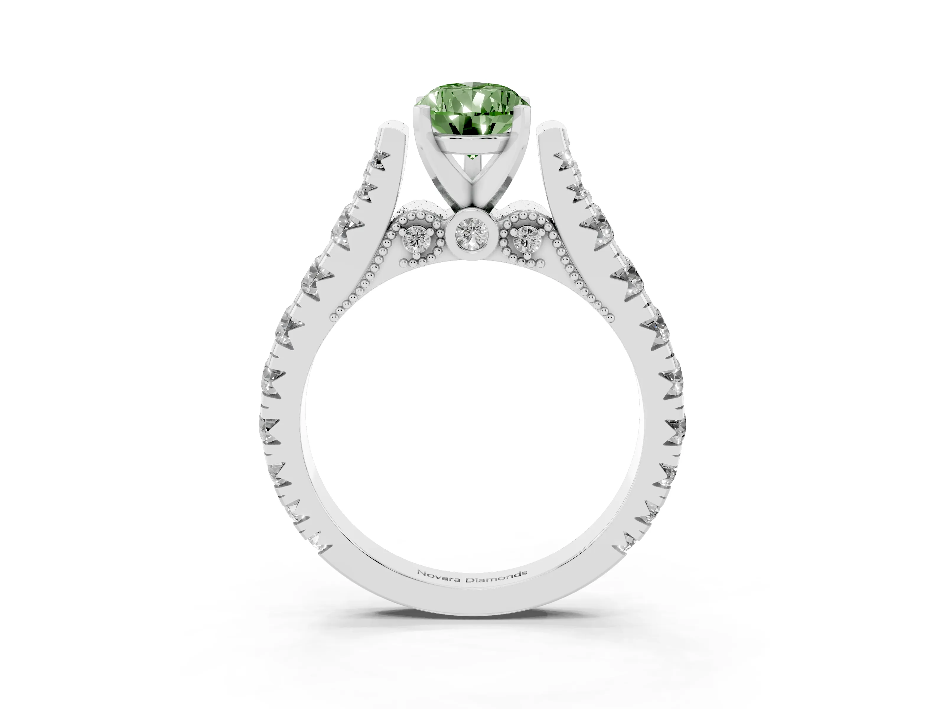 Fancy Green Pear Cut Diamond Classic Solitaire Ring Set in Platinum with Pavé Band and Prong Setting