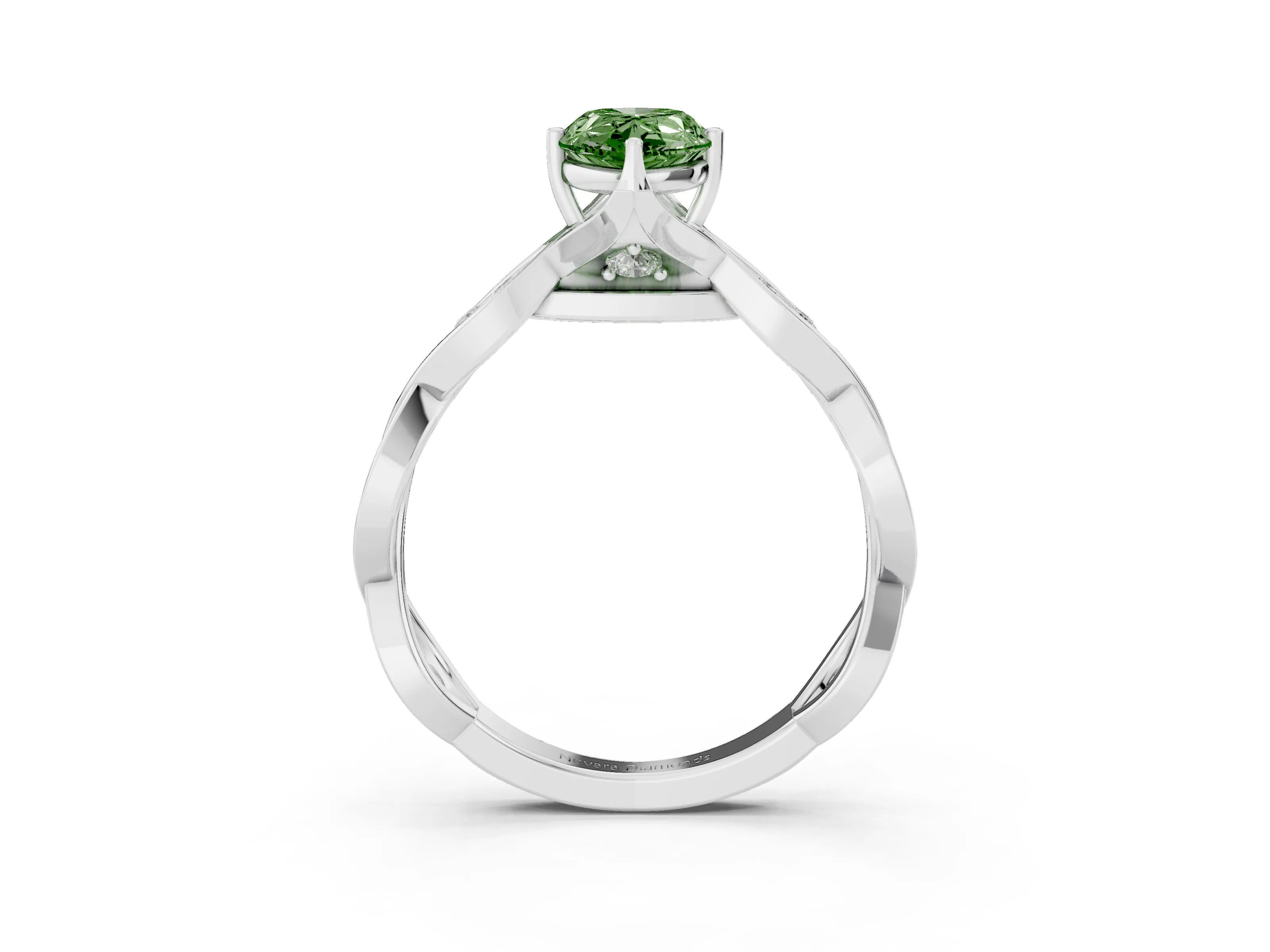Fancy Green Pear Cut Diamond Twist Band Solitaire Ring Set in Platinum with Leaf Prong Setting and Accent Stones