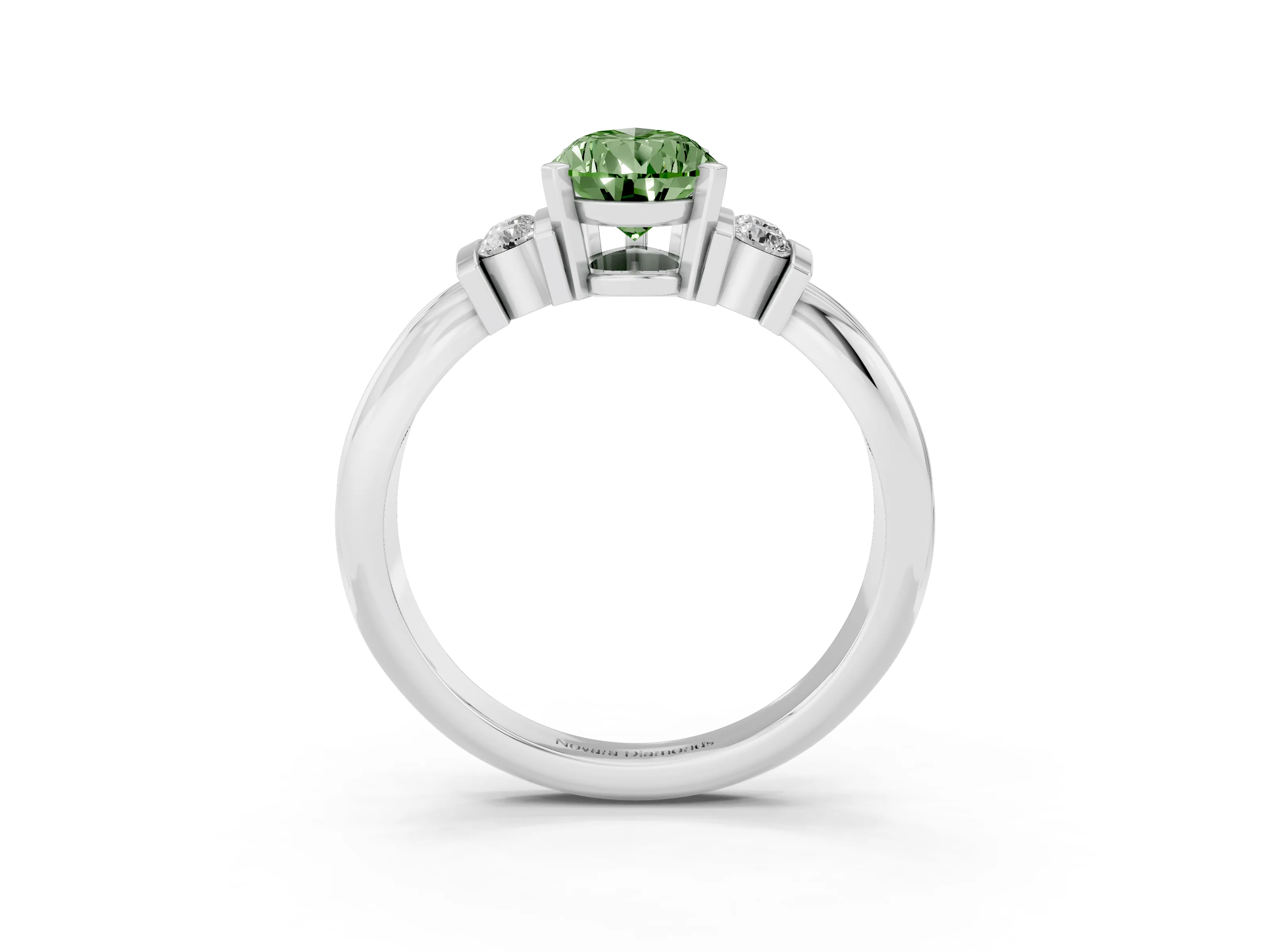 Fancy Green Three-Stone Pear Cut Diamond Channel Set Ring Set in Platinum with Bar Prongs