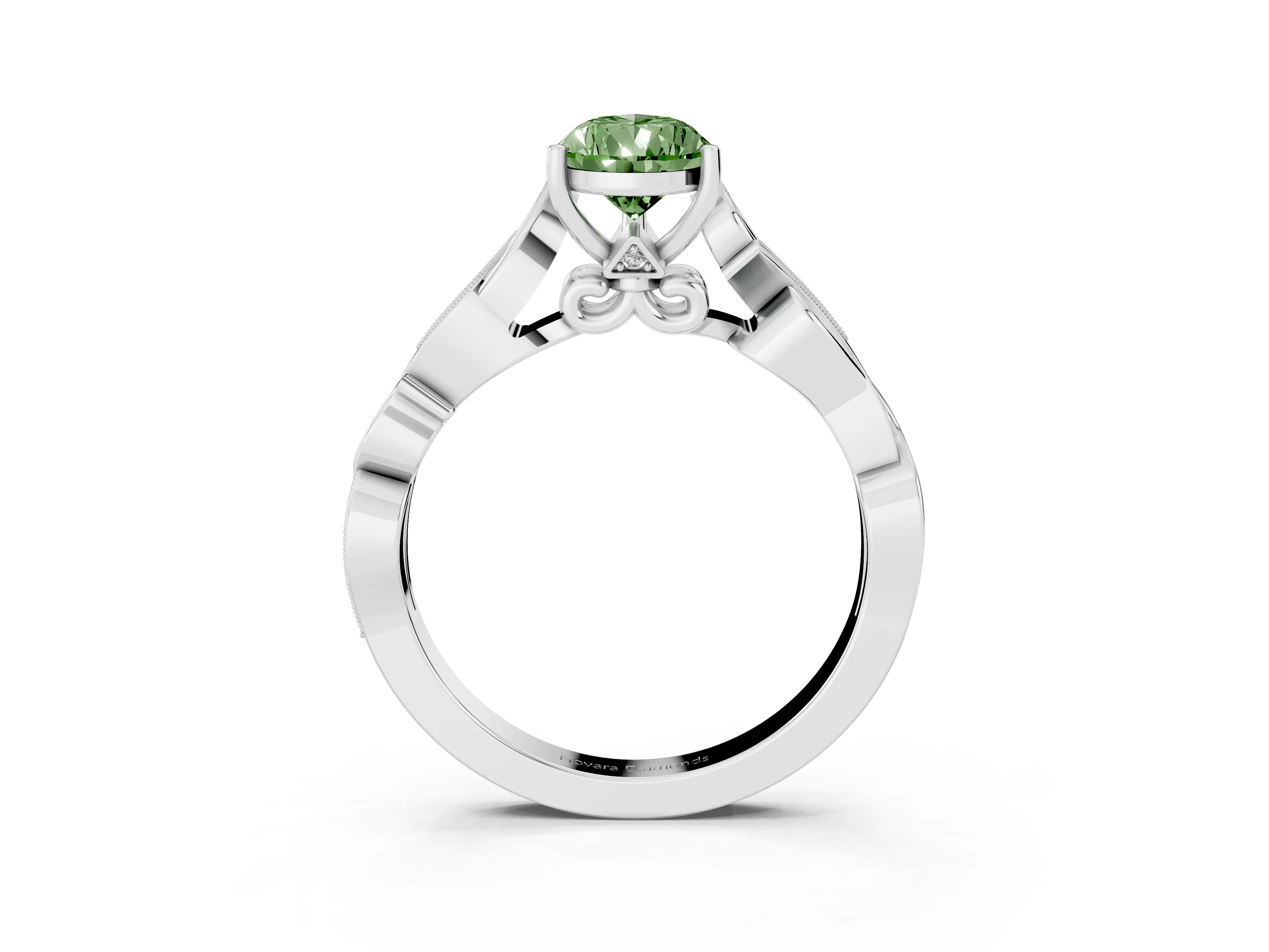 Fancy Green Pear Cut Diamond Vine Band Solitaire Ring Set in White gold with Milgrain Prong Setting