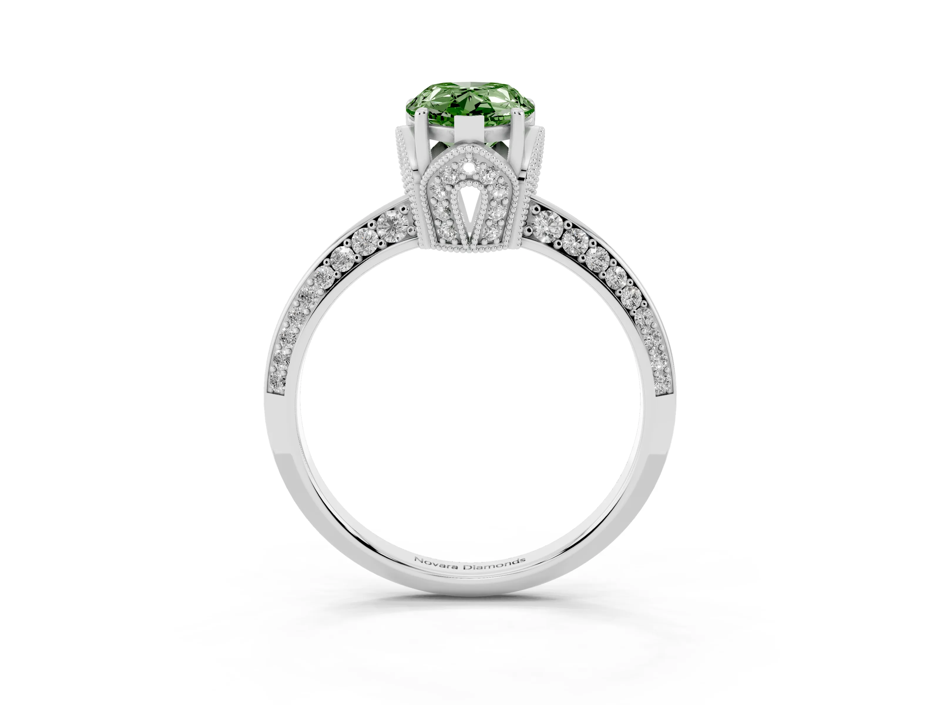 Fancy Green Pear Cut Diamond Solitaire Engagement Ring Set in Silver with Pavé Split Shank and Prong Setting