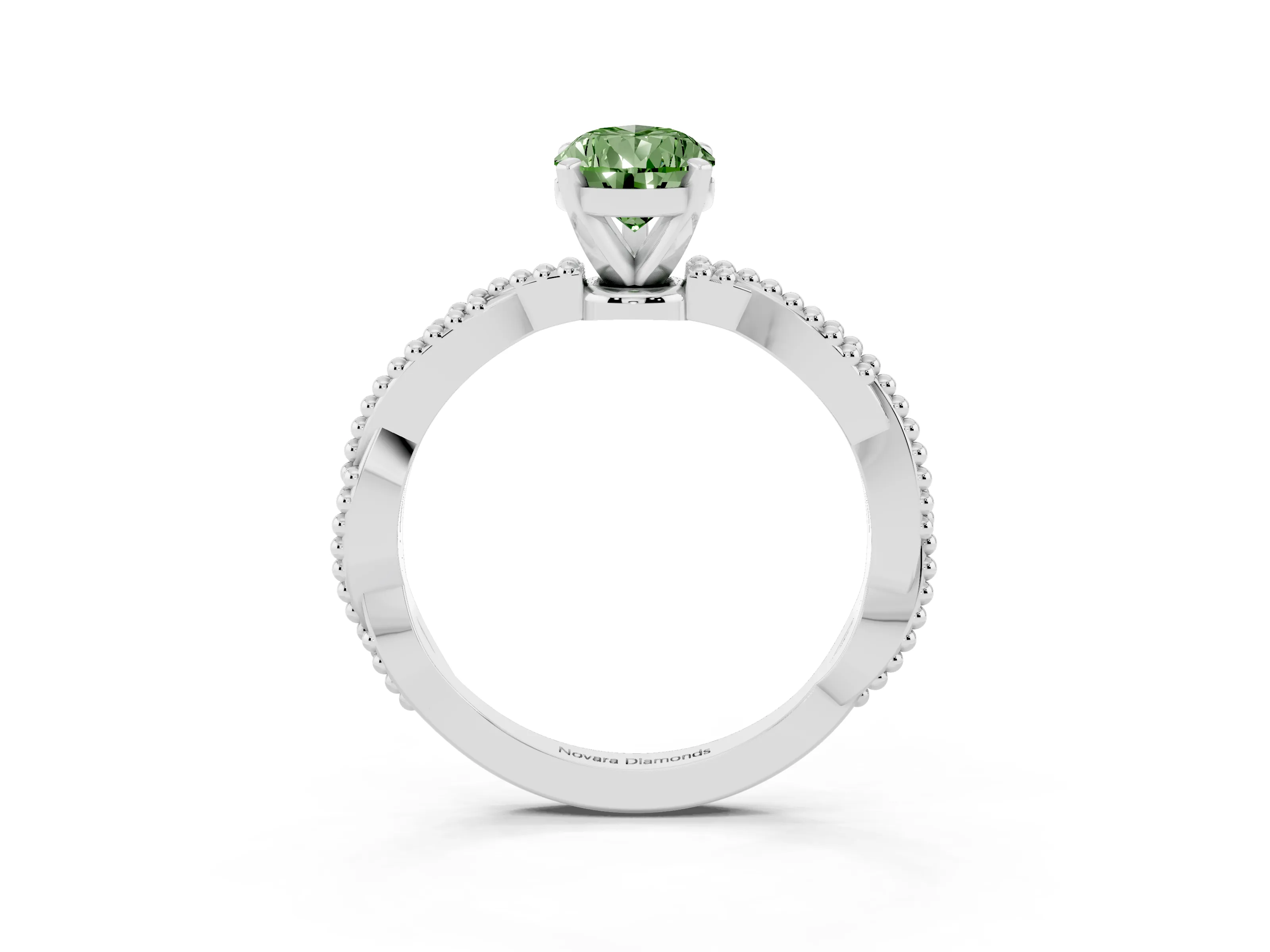 Fancy Green Pear Cut Diamond Solitaire Ring Set in White gold with Twisted Band and Bead Prong Setting
