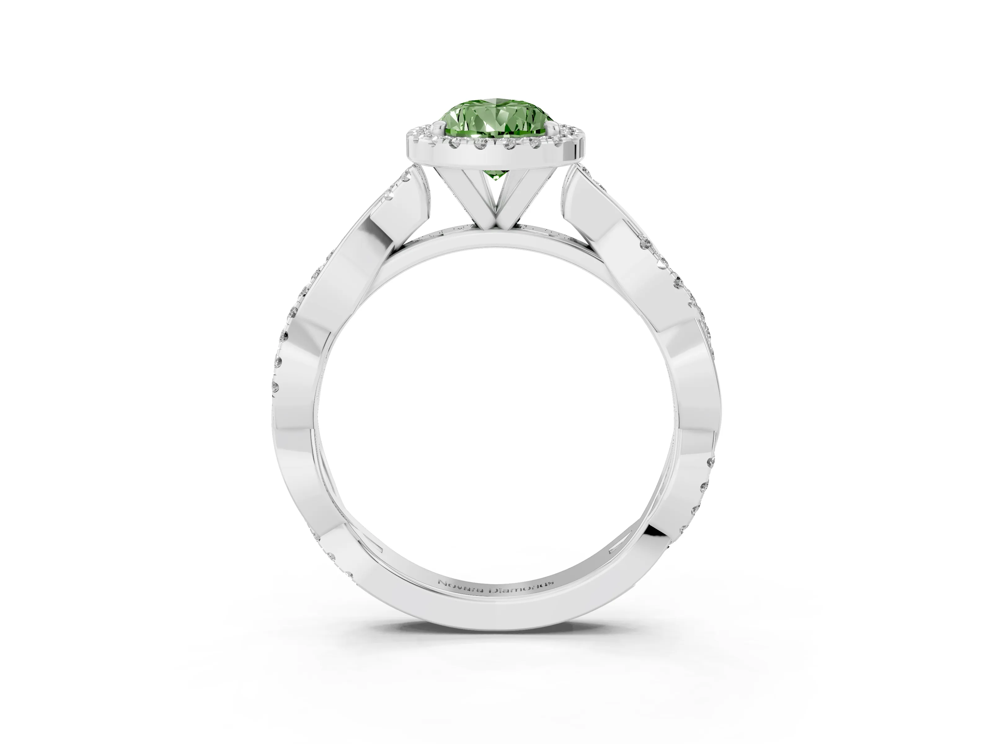 Fancy Green Pear Cut Diamond Halo Twisted Band Ring Set in Platinum with Prong Setting