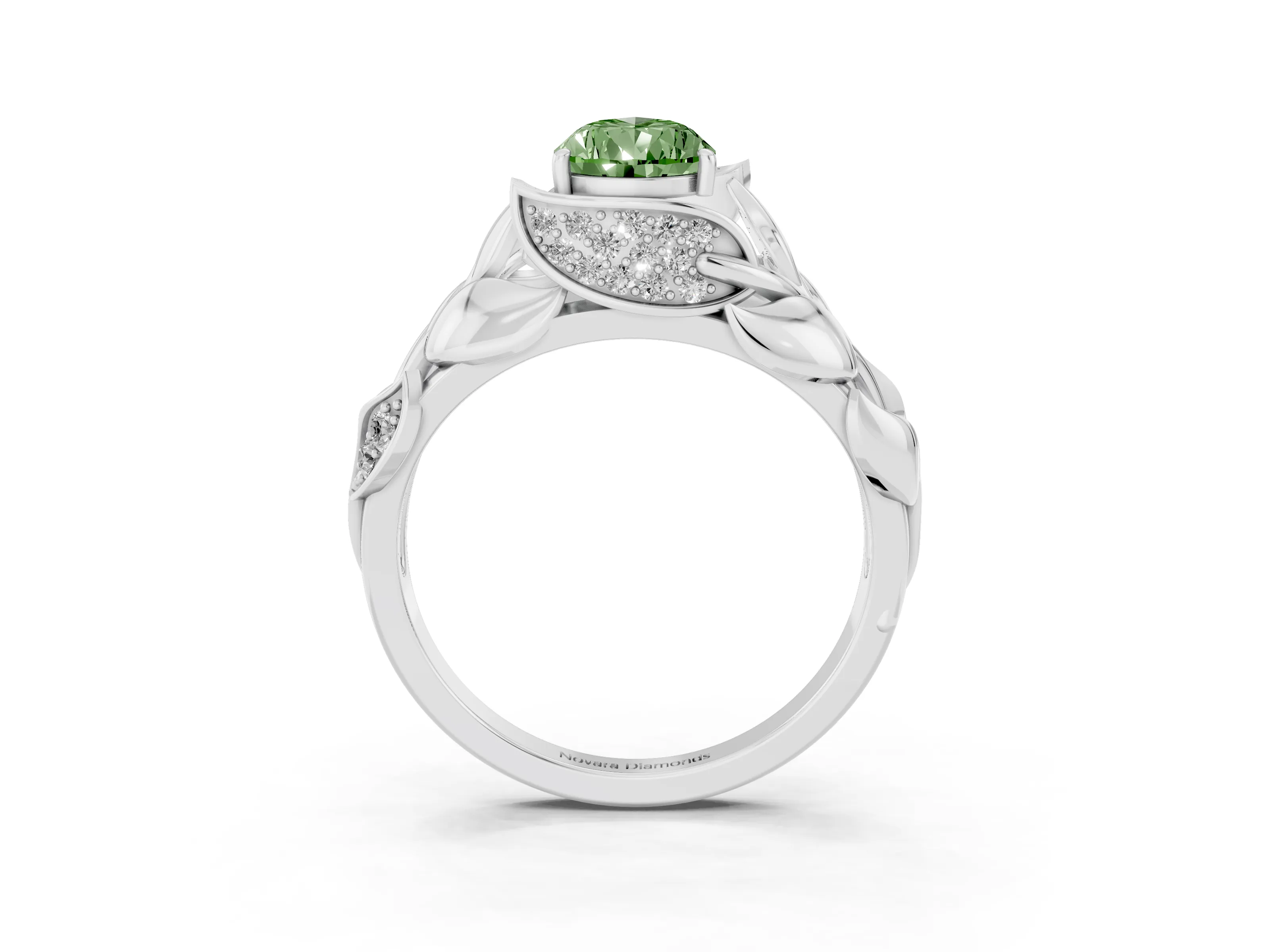 Fancy Green Pear Cut Diamond Leaf-Inspired Engagement Ring Set in Silver with Round Accents