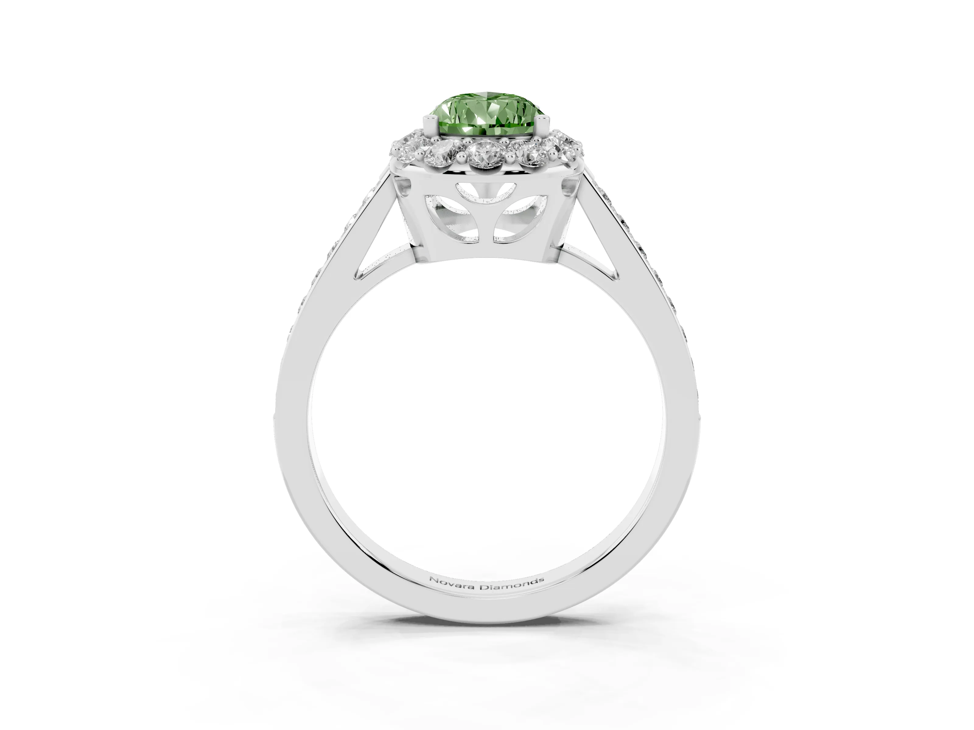 Fancy Green Pear Cut Diamond Floral Halo Ring Set in White gold with Pavé Band and Prong Setting