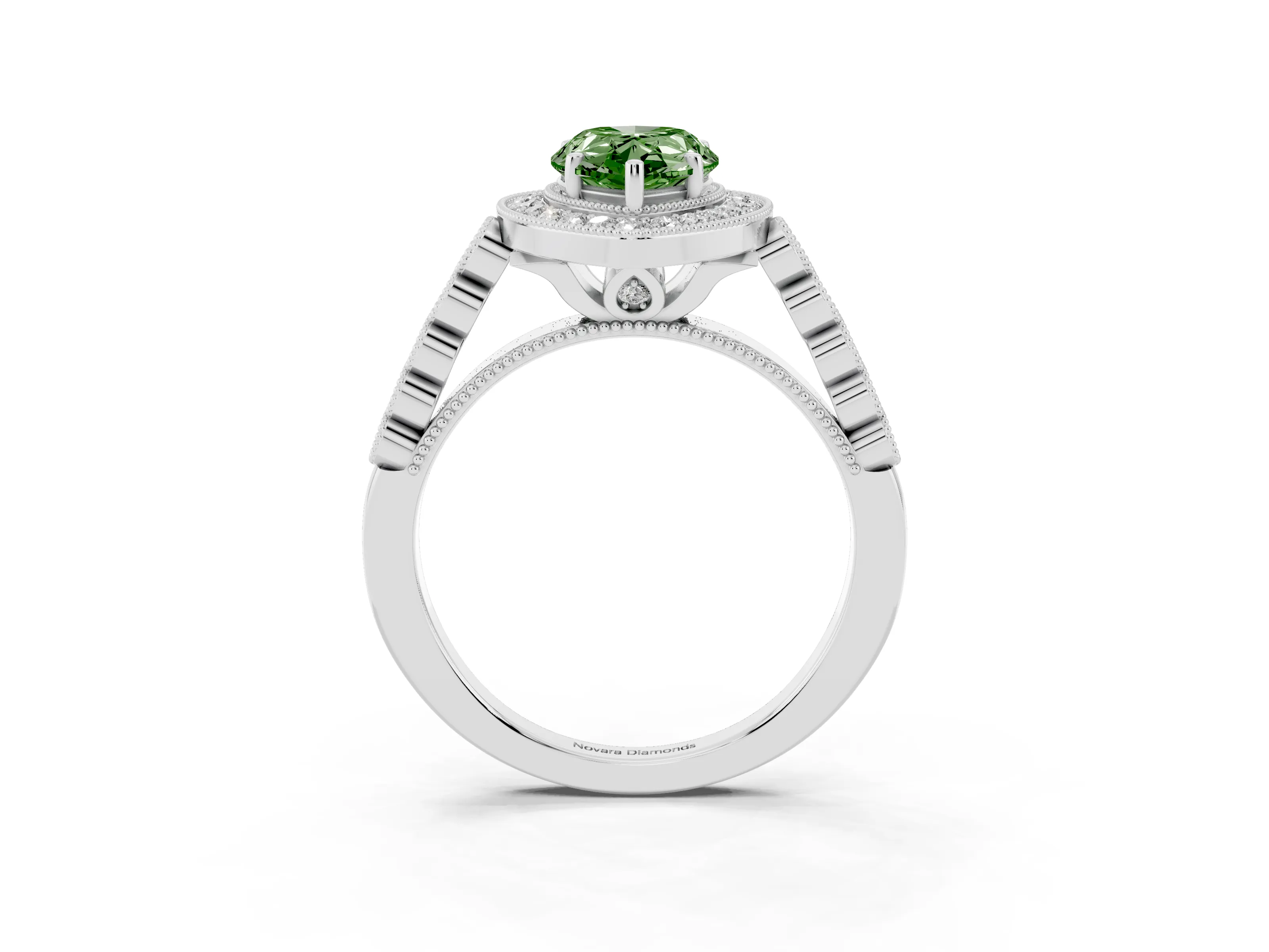 Fancy Green Pear Cut Diamond Milgrain Halo Solitaire Ring Set in Silver with Bezel Set Side Stones and Pavé Band