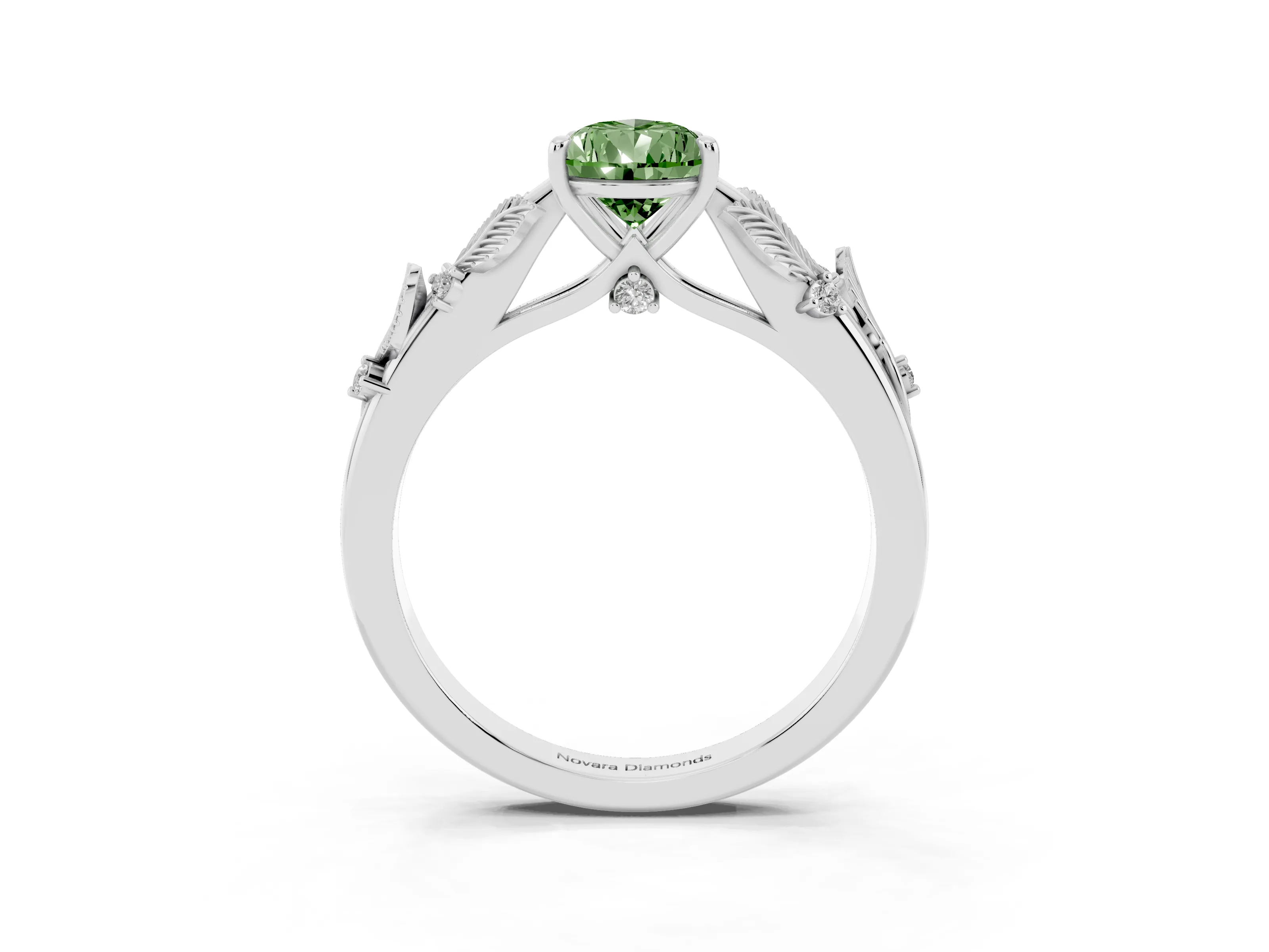 Fancy Green Pear Cut Diamond Solitaire Ring Set in Platinum with Leaf Motif Band