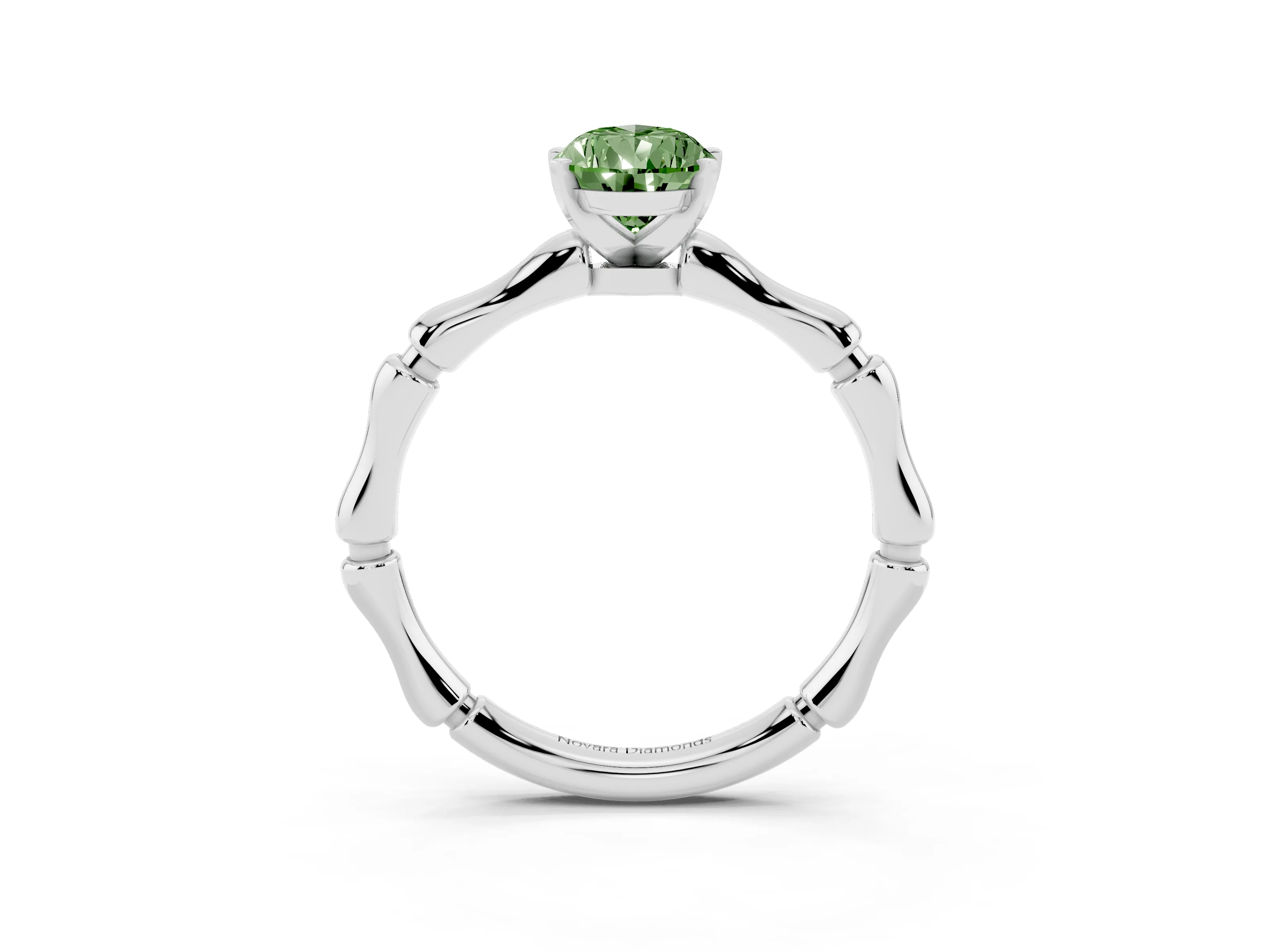 Fancy Green Pear Cut Diamond Solitaire Ring Set in Silver with Bamboo Band and Prong Setting