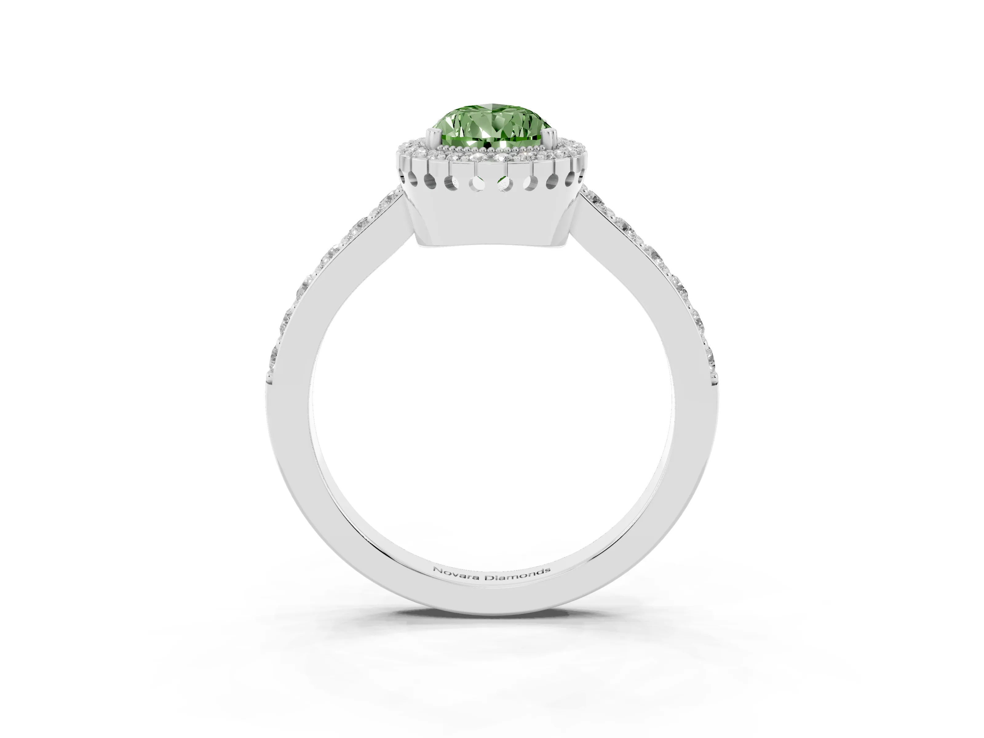 Fancy Green Pear Cut Diamond Halo Engagement Ring Set in Platinum with Milgrain Detail and Pavé Band