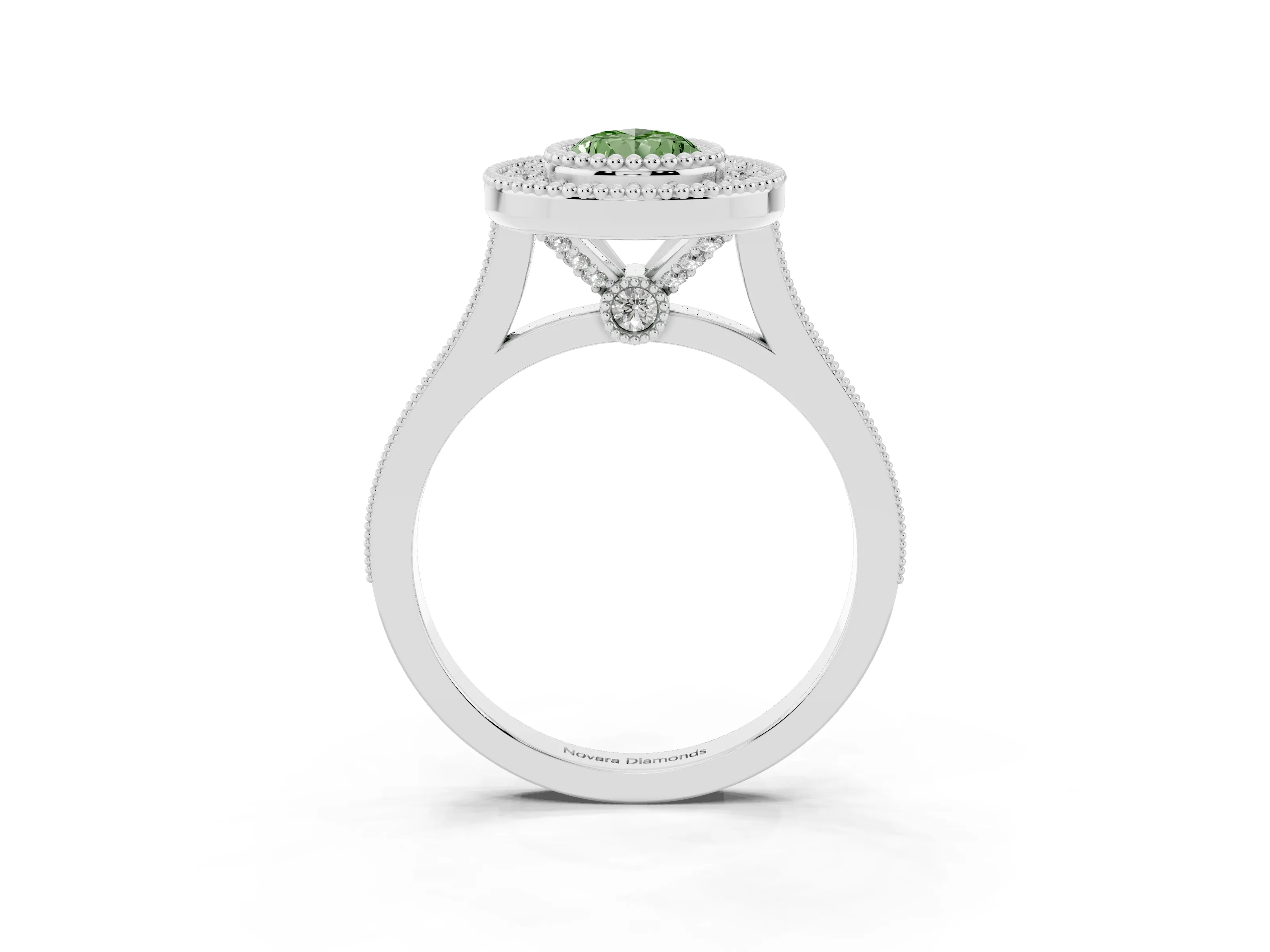 Fancy Green Pear Cut Diamond Halo Ring Set in Silver with Milgrain Frame and Pavé Band
