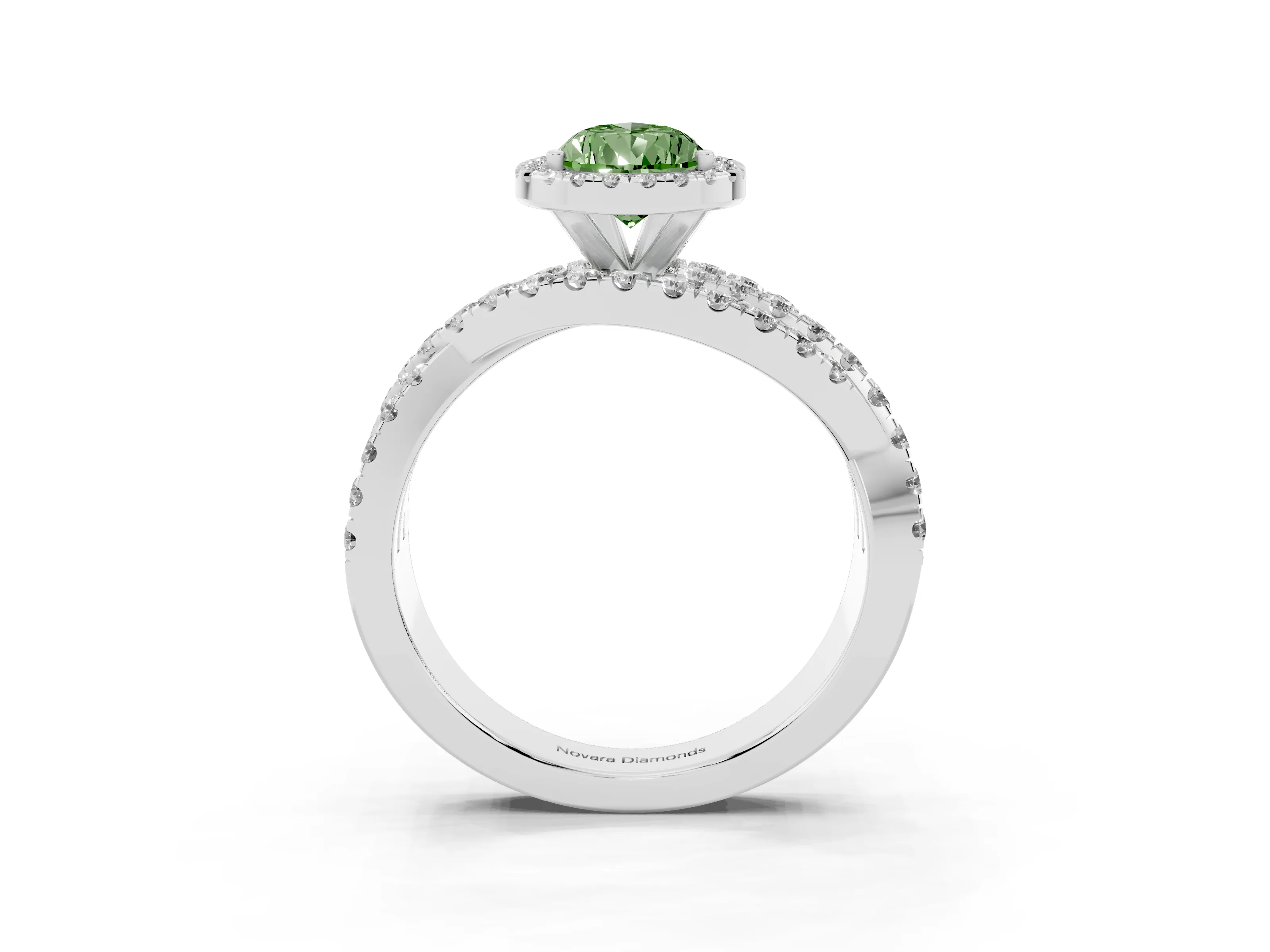 Fancy Green Pear Cut Diamond Halo Ring Set in Platinum with Round Crossover Split Shank and Prong Setting