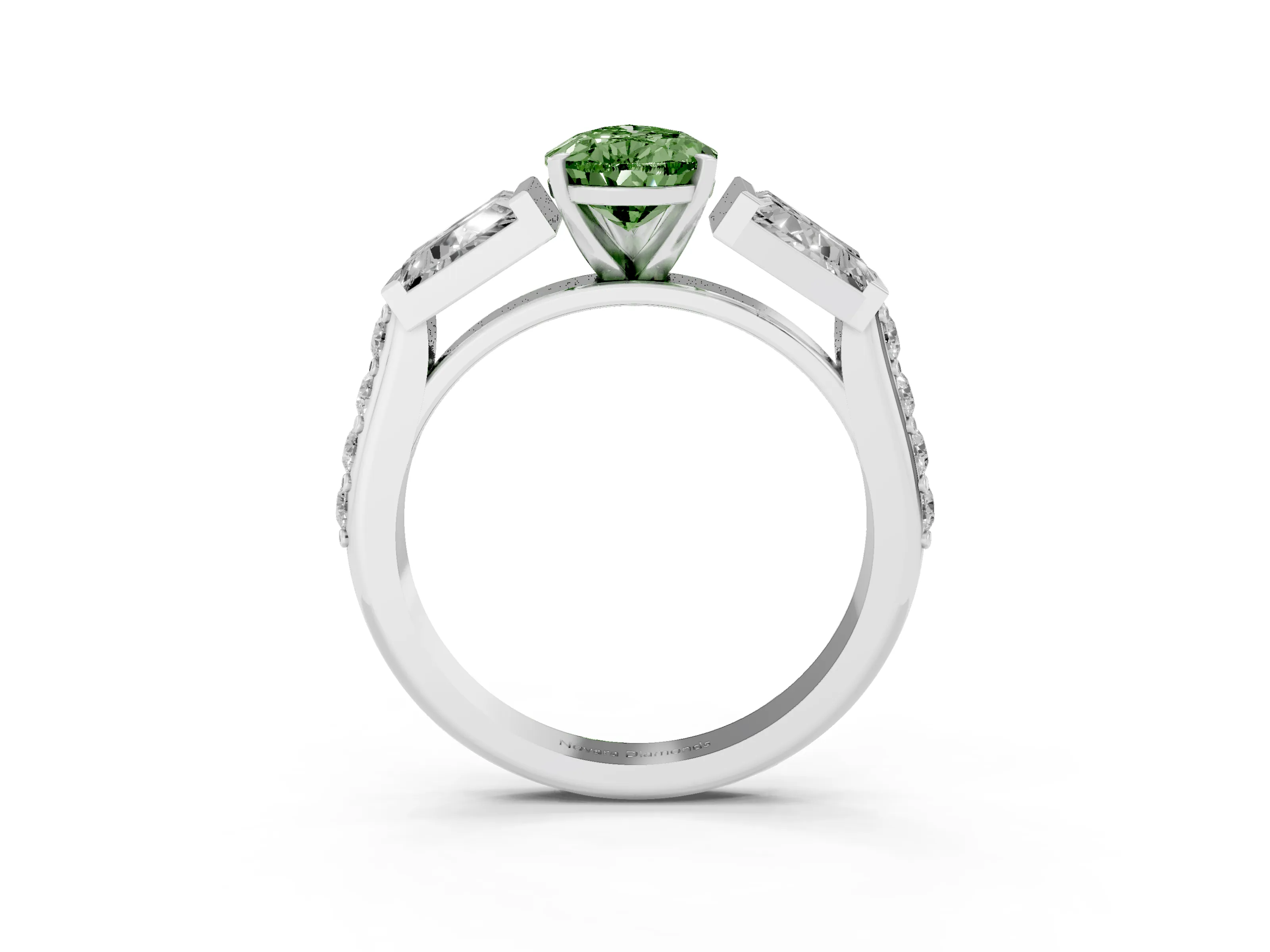 Fancy Green Pear Cut Diamond Engagement Ring Set in White gold with Baguette Side Stones and Channel Set Band
