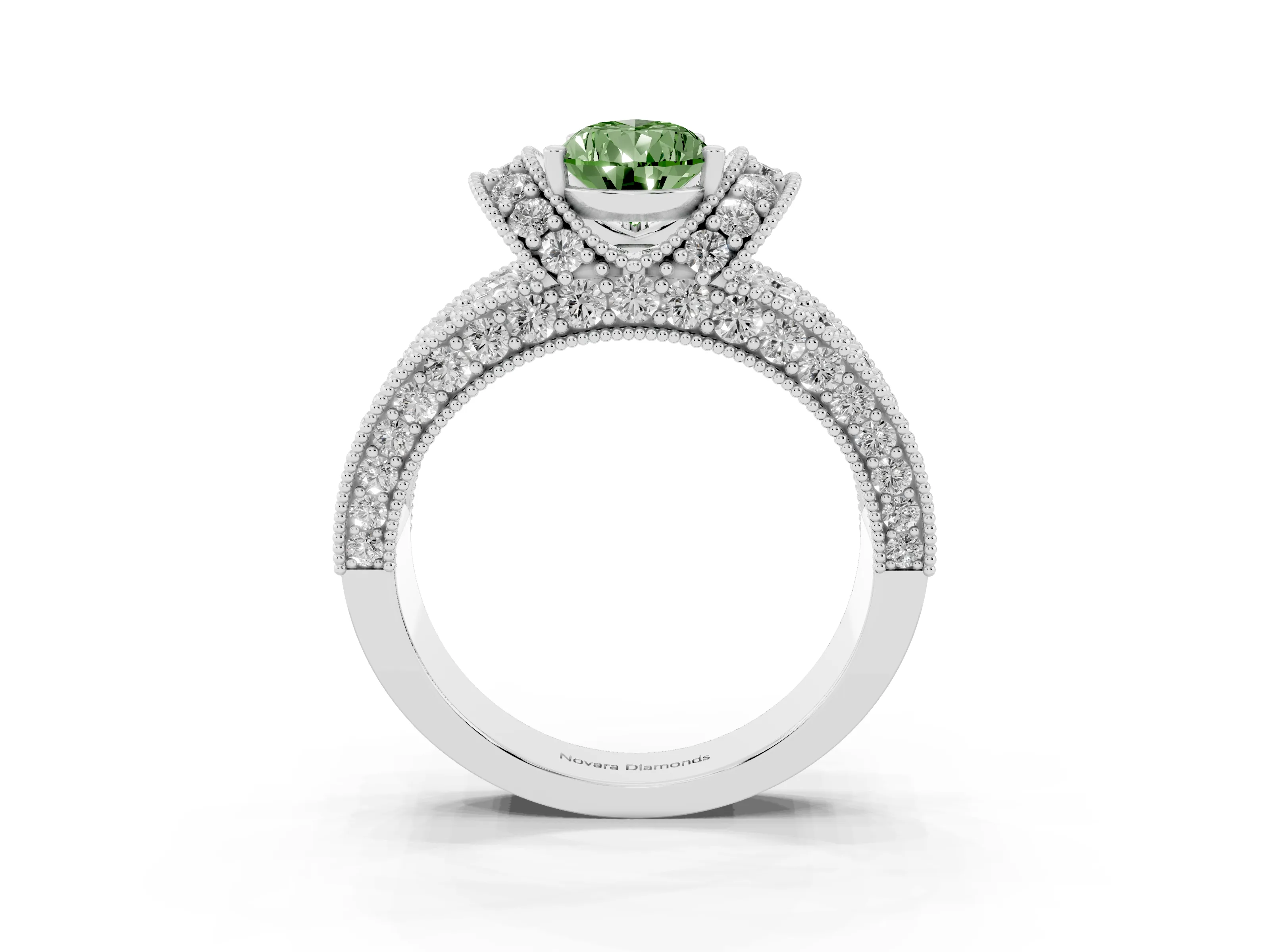 Fancy Green Pear Cut Diamond Milgrain Halo Pavé Engagement Ring Set in Platinum with Prong Setting