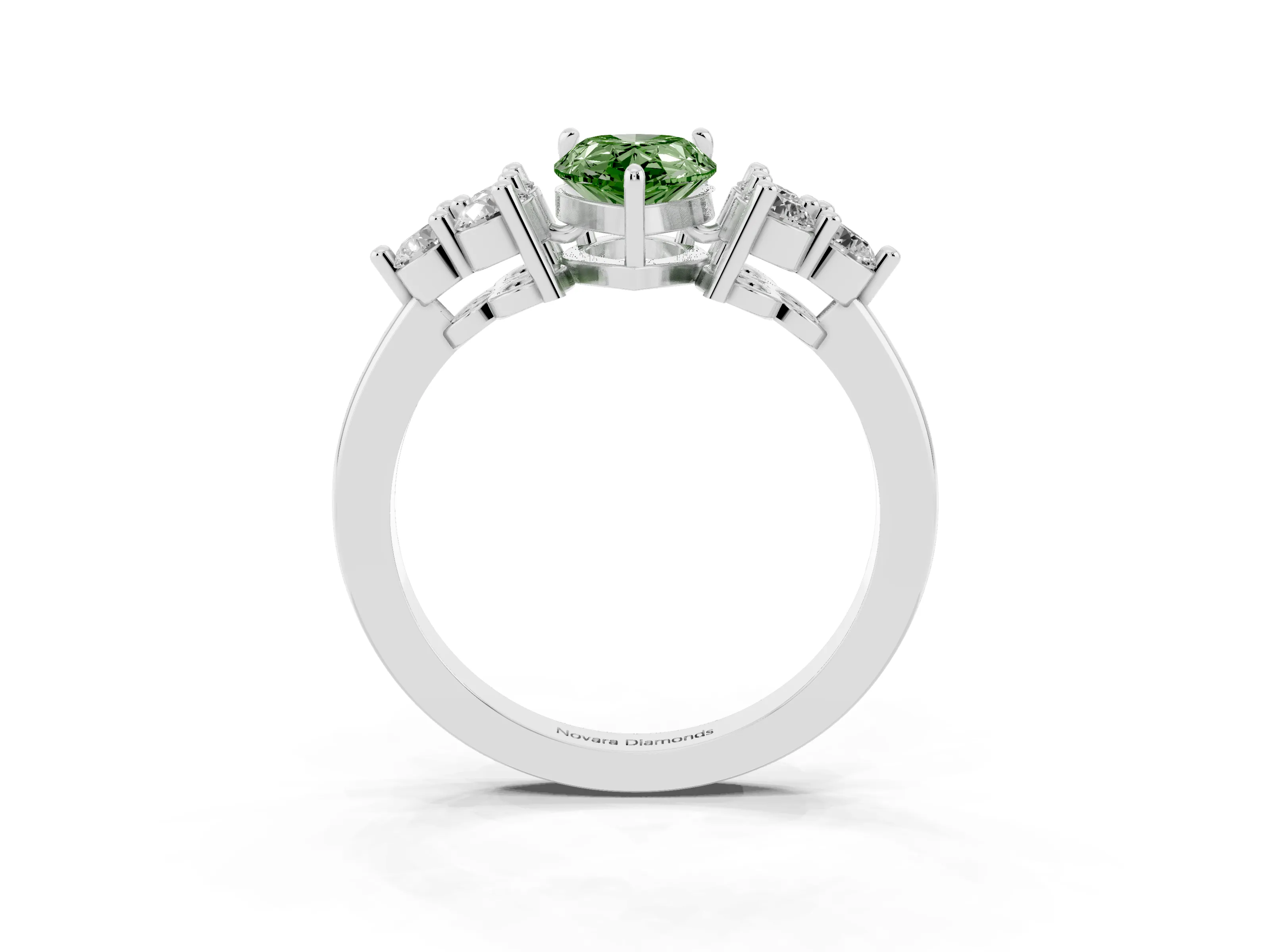 Fancy Green Pear Cut Diamond Solitaire Ring Set in Silver with Cluster Accents on Each Side