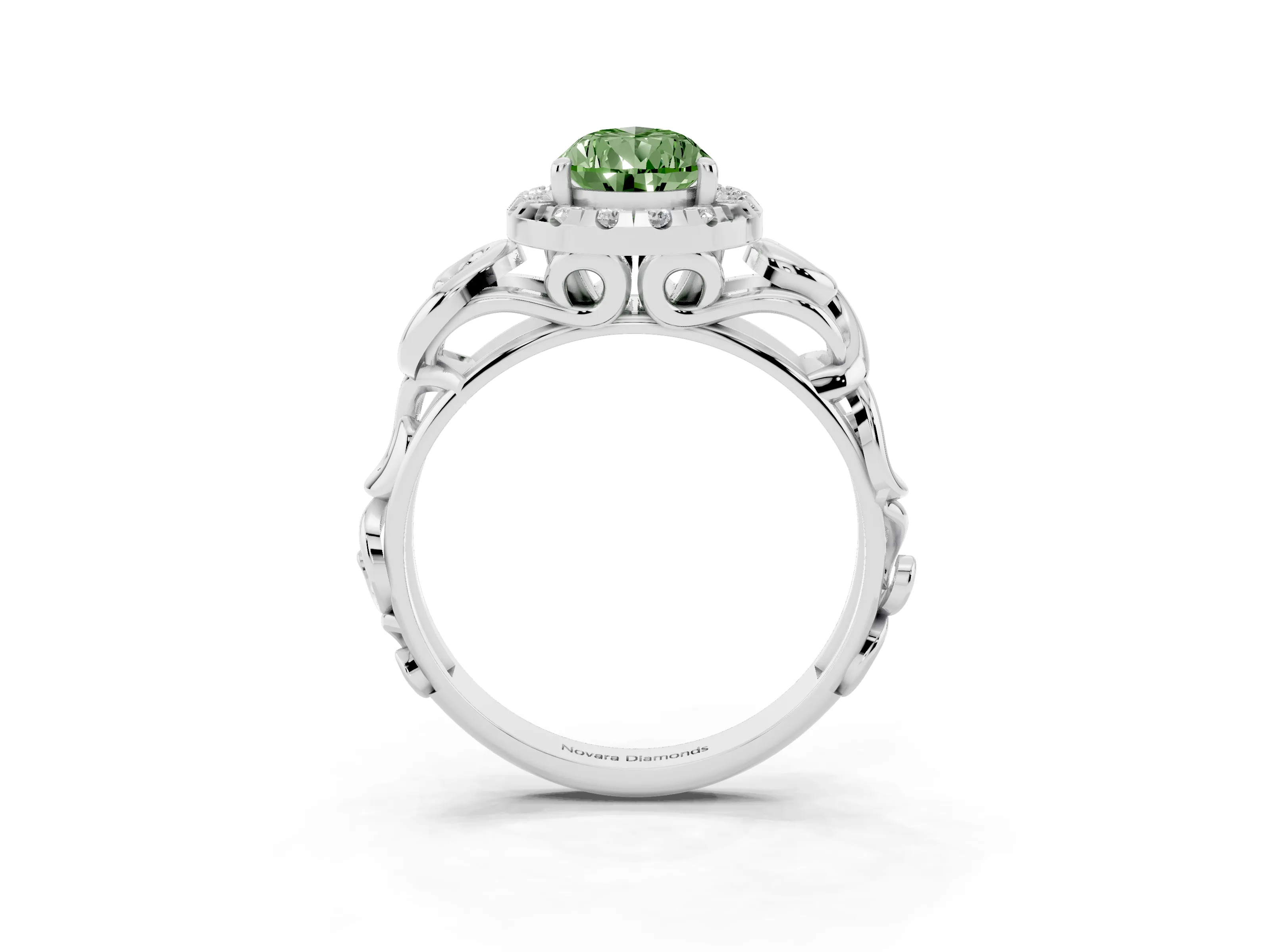 Fancy Green Pear Cut Diamond Halo Ring Set in Platinum with Scrollwork Band and Prong Setting