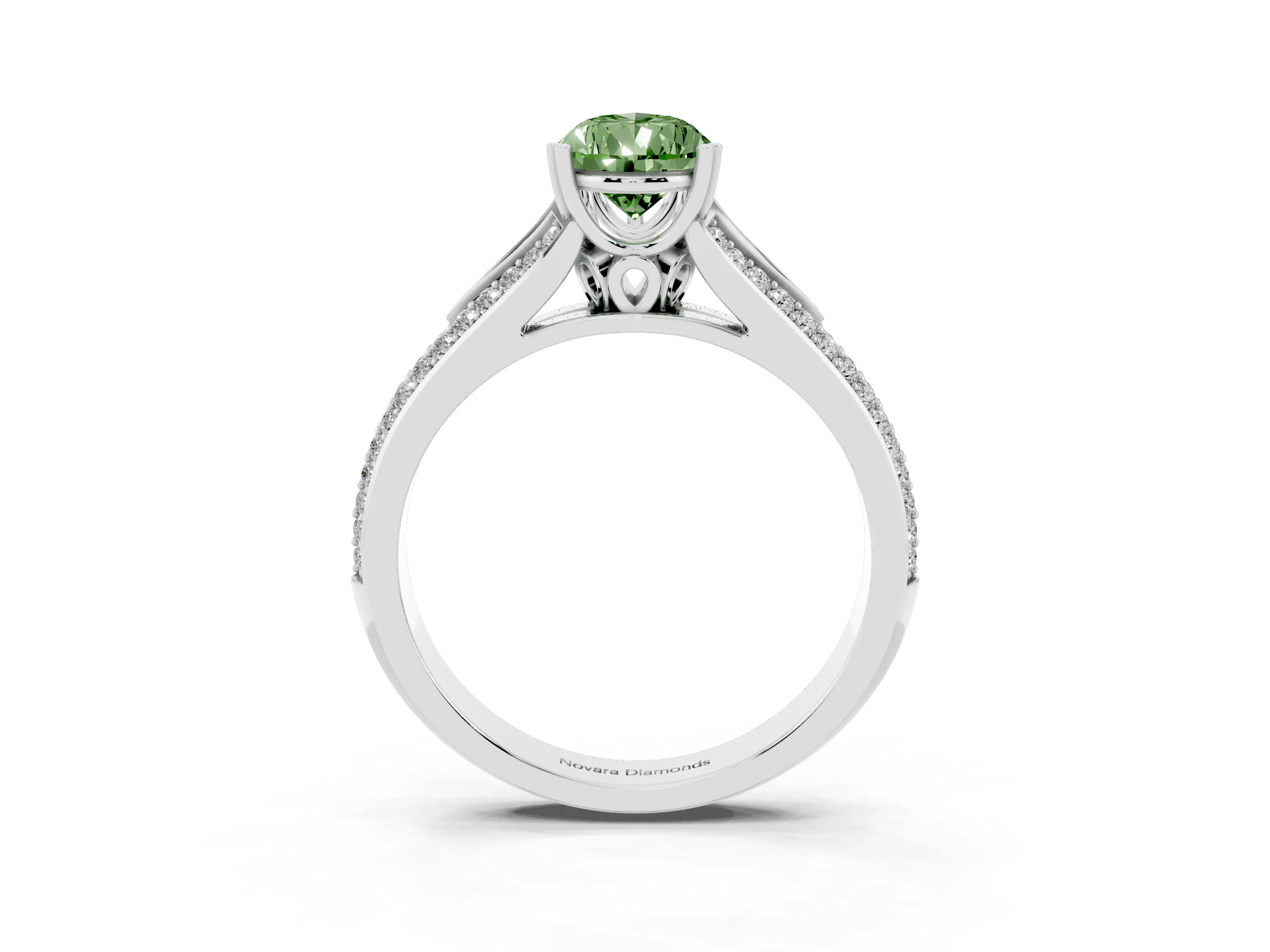 Fancy Green Pear Cut Diamond Split Shank Pavé Engagement Ring Set in Platinum with Prong-Set Center Stone
