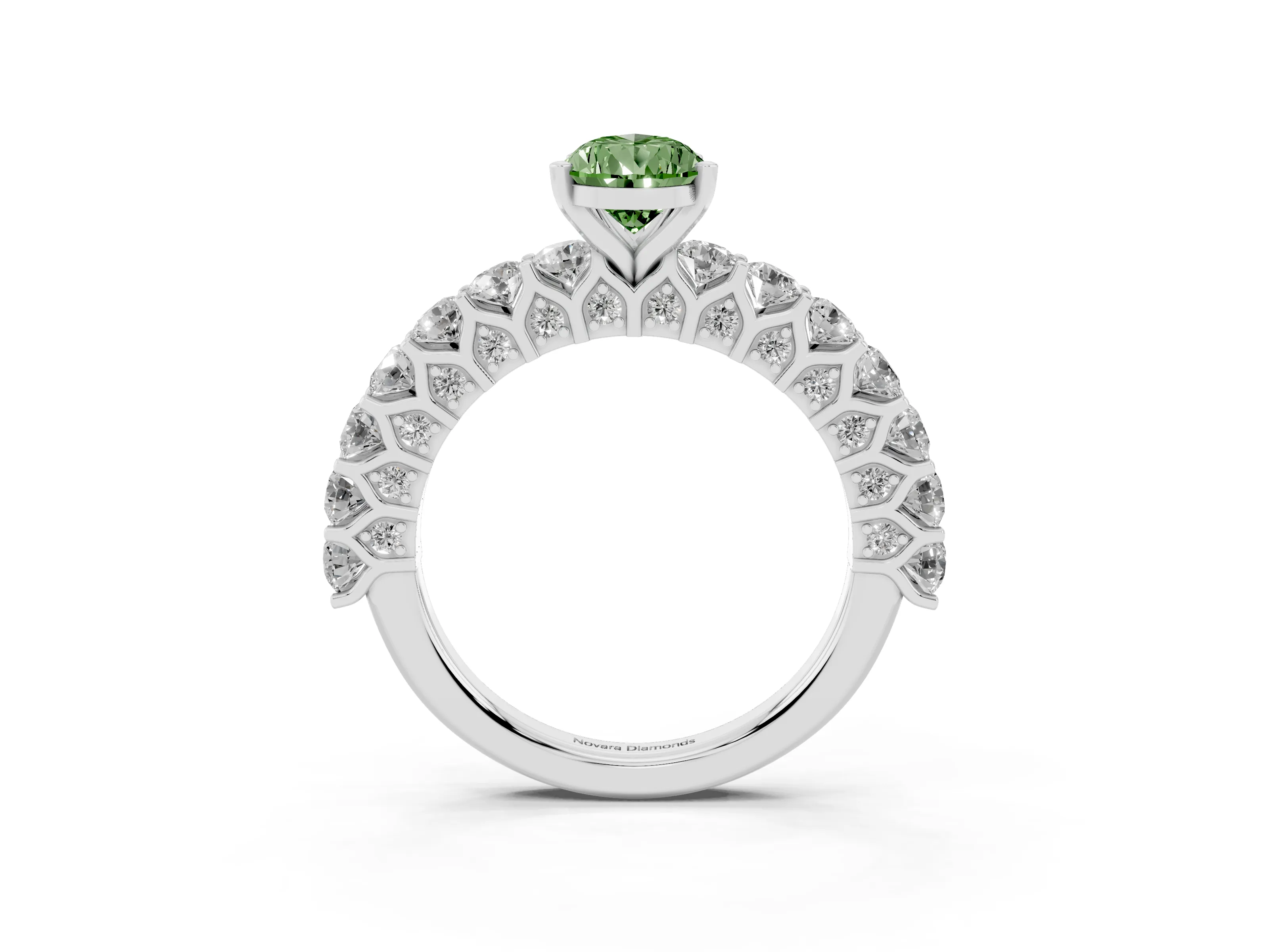 Fancy Green Pear Cut Diamond Solitaire Ring Set in Platinum with Shared Prong Pavé Band