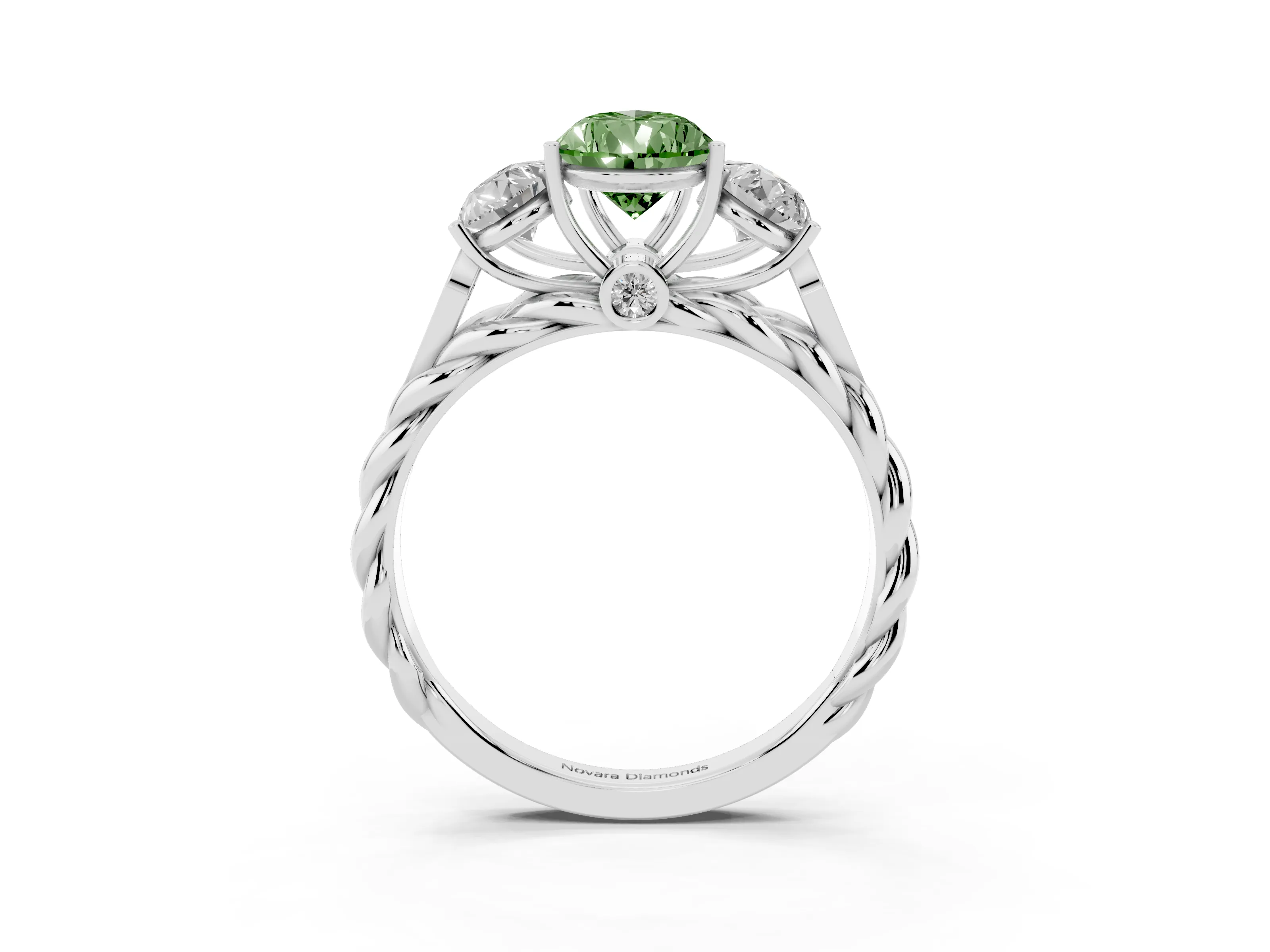 Fancy Green Pear Cut Diamond Three-Stone Ring Set in Platinum with Braided Band