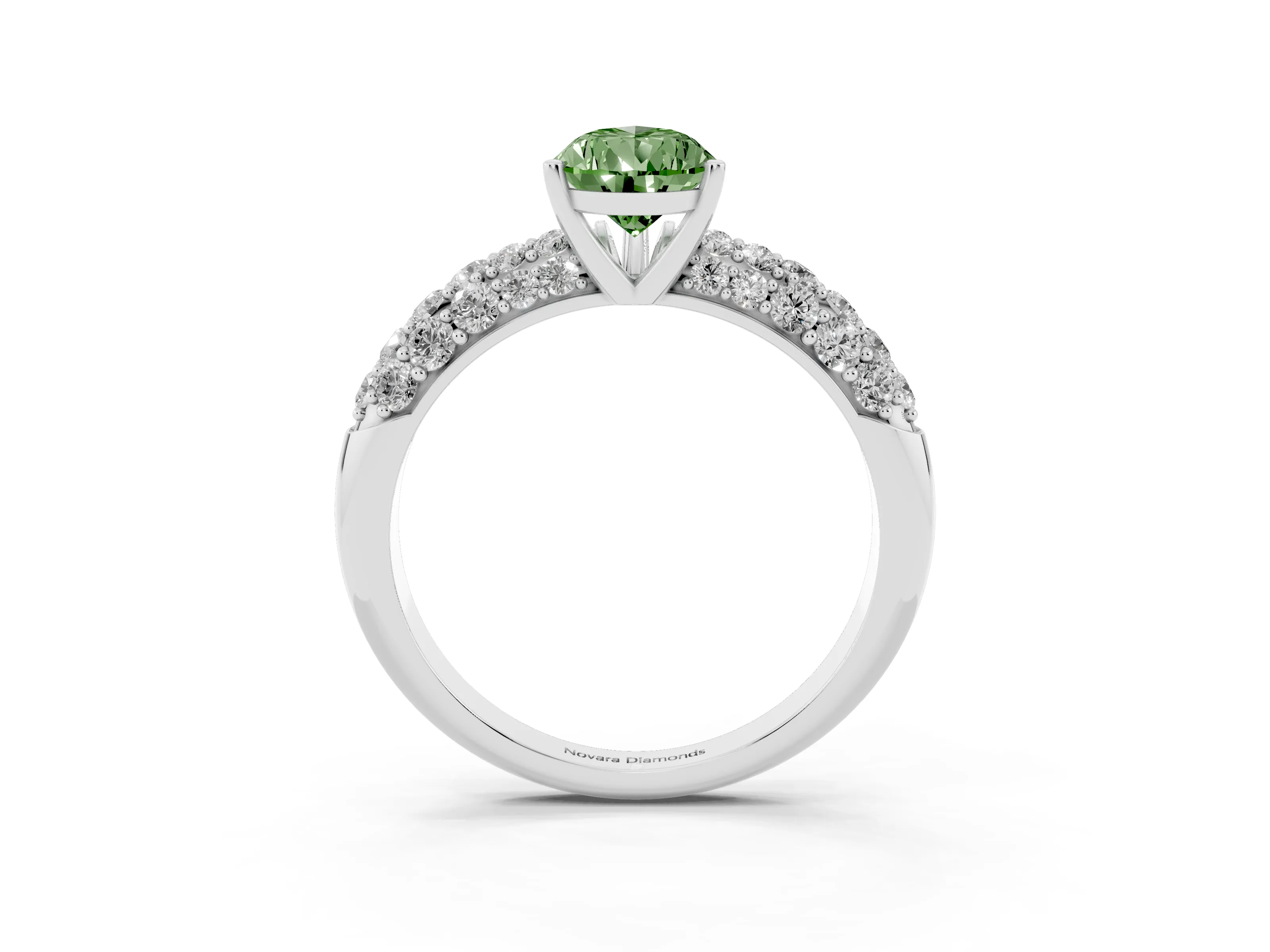 Fancy Green Pear Cut Diamond Pavé Band Solitaire Ring Set in White gold with Close-Set Accent Stones and Prong Setting