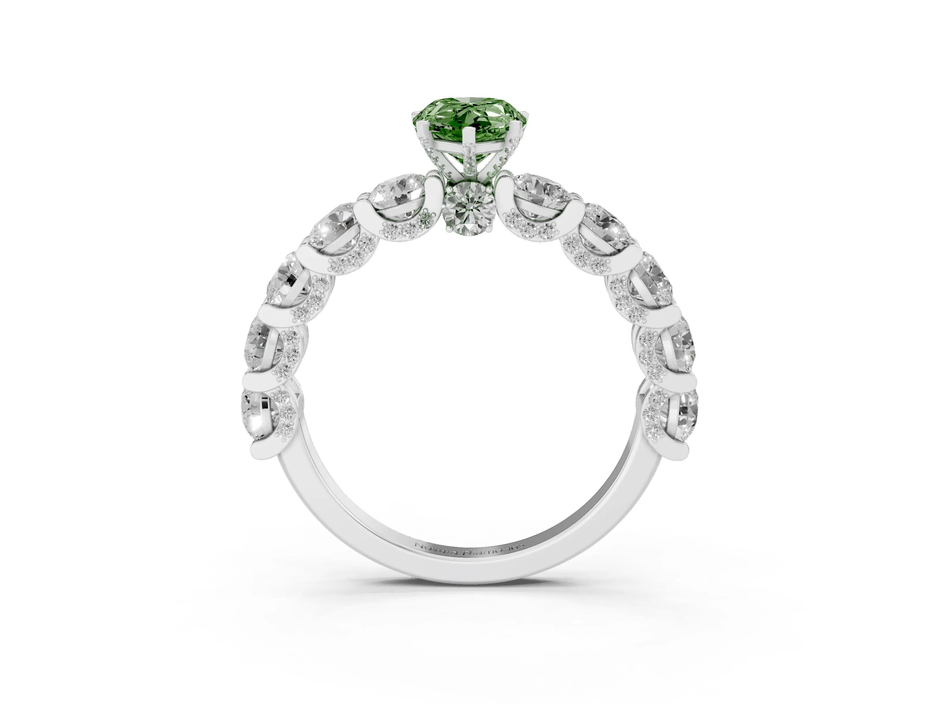 Fancy Green Pear Cut Diamond Side Stone Ring Set in Platinum with Alternating Round and Oval Side Stones