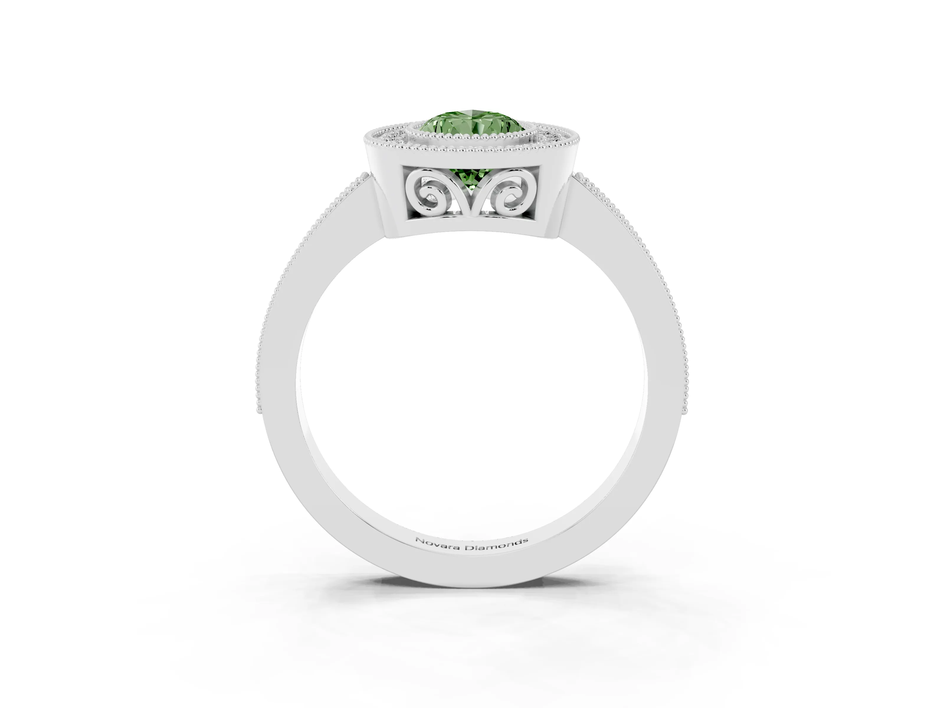 Fancy Green Pear Cut Diamond Halo Ring Set in Platinum with Pavé Band and Milgrain-Edged Prongs