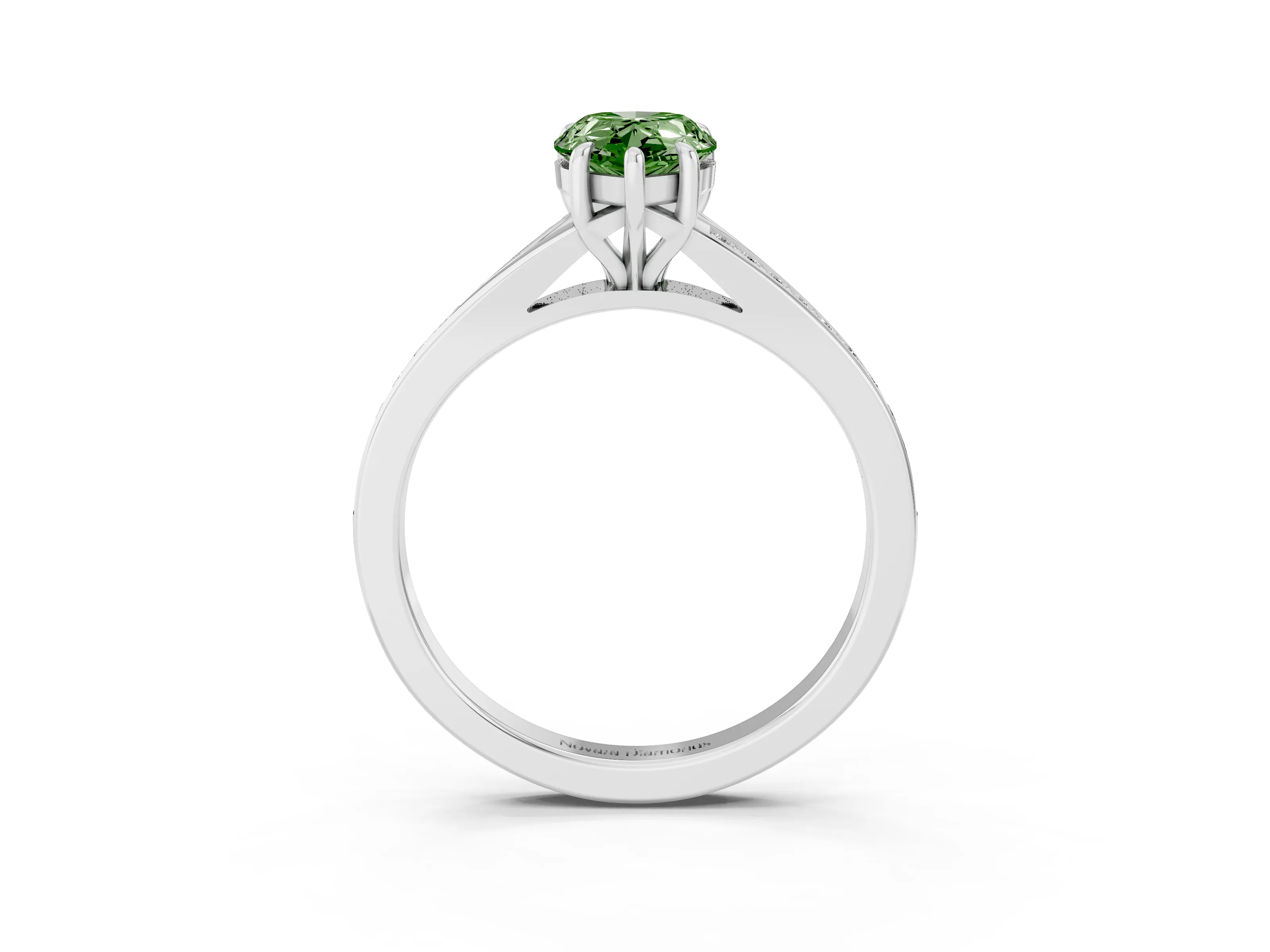 Fancy Green Pear Cut Diamond Solitaire Ring Set in White gold with Pavé Accent Band and Classic Prong Setting