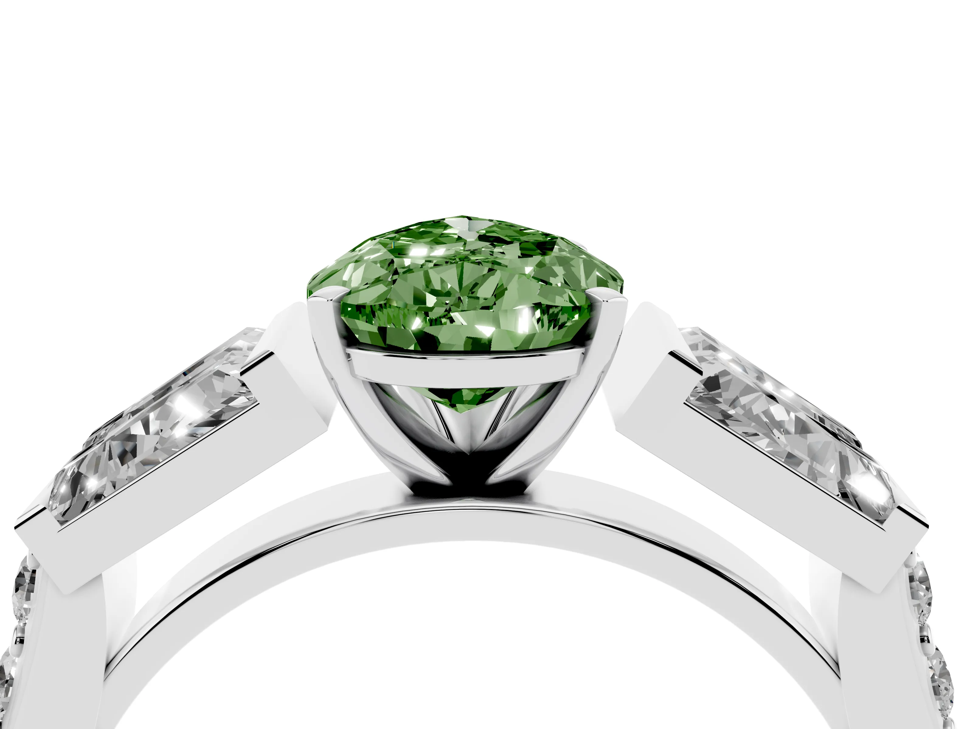 Fancy Green Pear Cut Diamond Engagement Ring Set in White gold with Baguette Side Stones and Channel Set Band