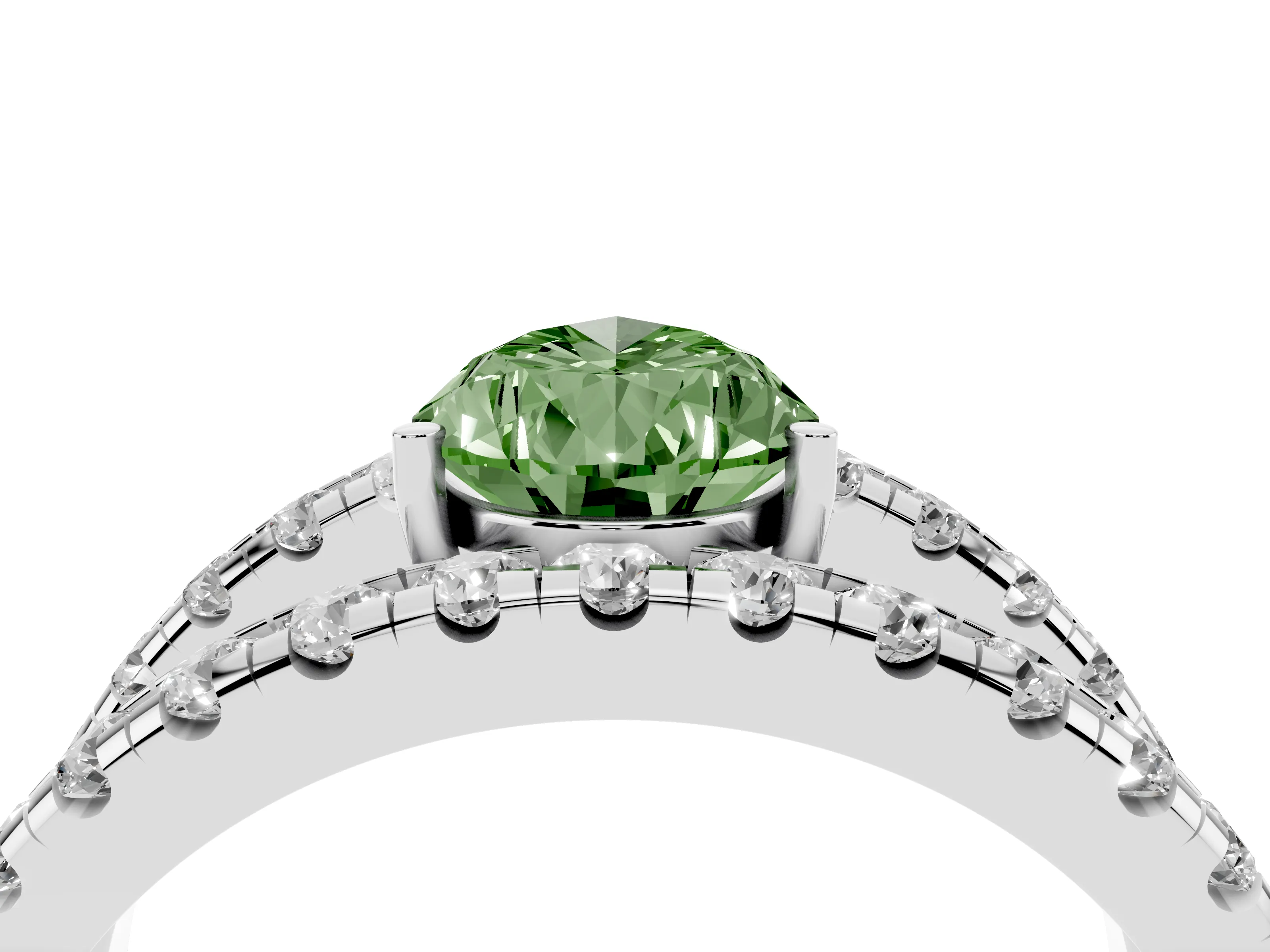 Fancy Green Pear Cut Diamond Split Shank Pavé Solitaire Ring Set in Platinum with Open Shank Design