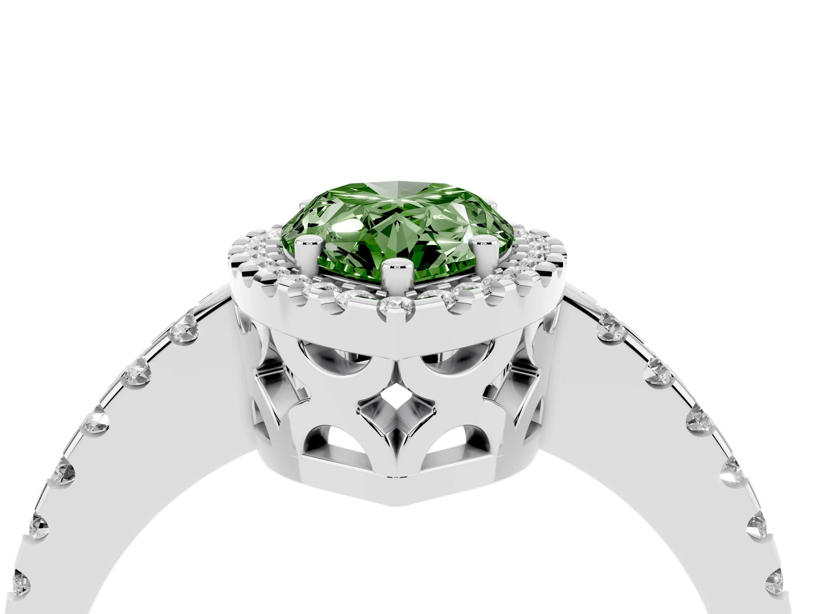Fancy Green Pear Cut Diamond Halo Ring Set in Silver with Pavé Shoulders and Halo-Framed Center