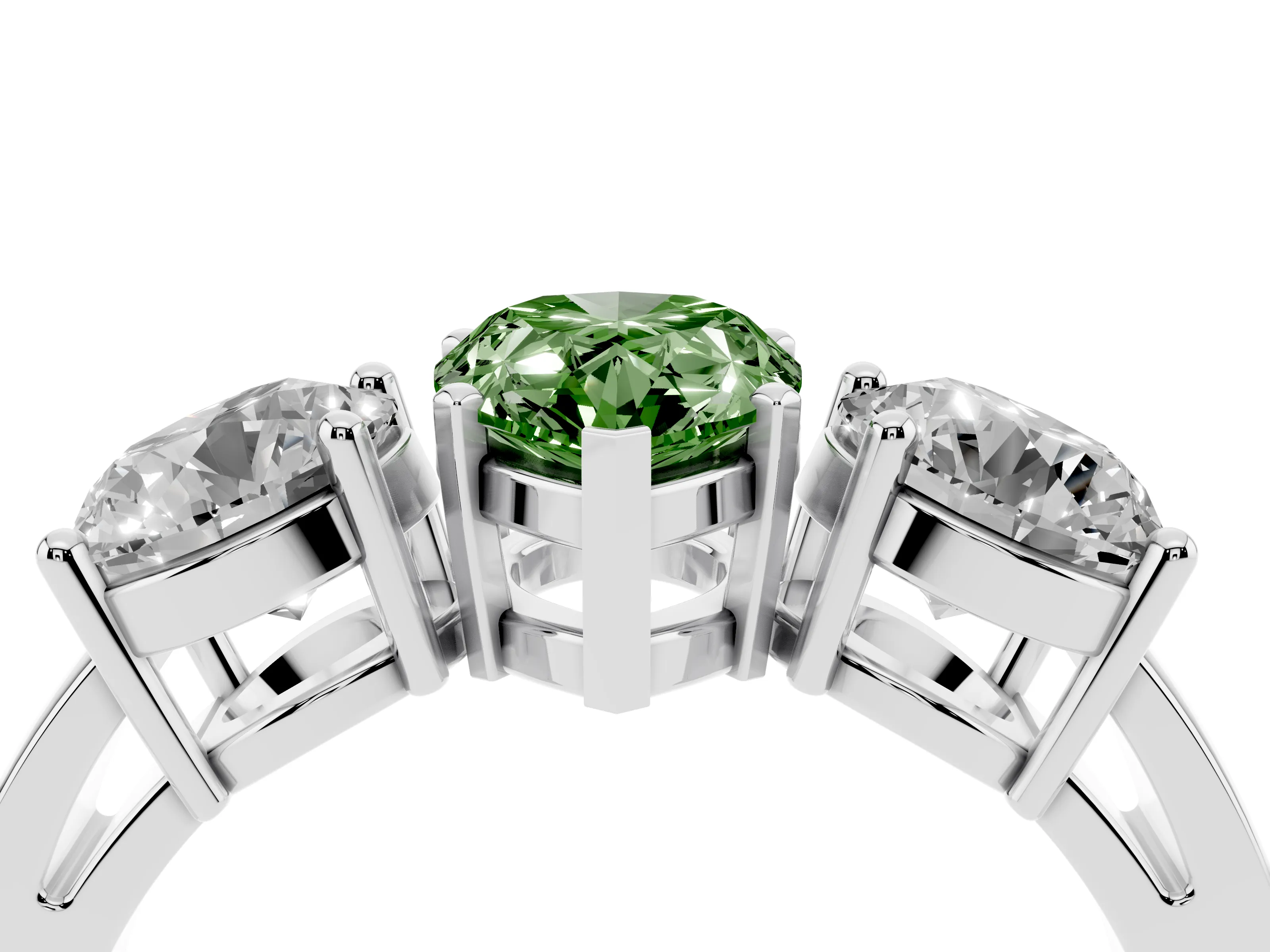 Fancy Green Pear Cut Diamond Three-Stone Ring Set in Silver with Round Side Stones and Classic Band