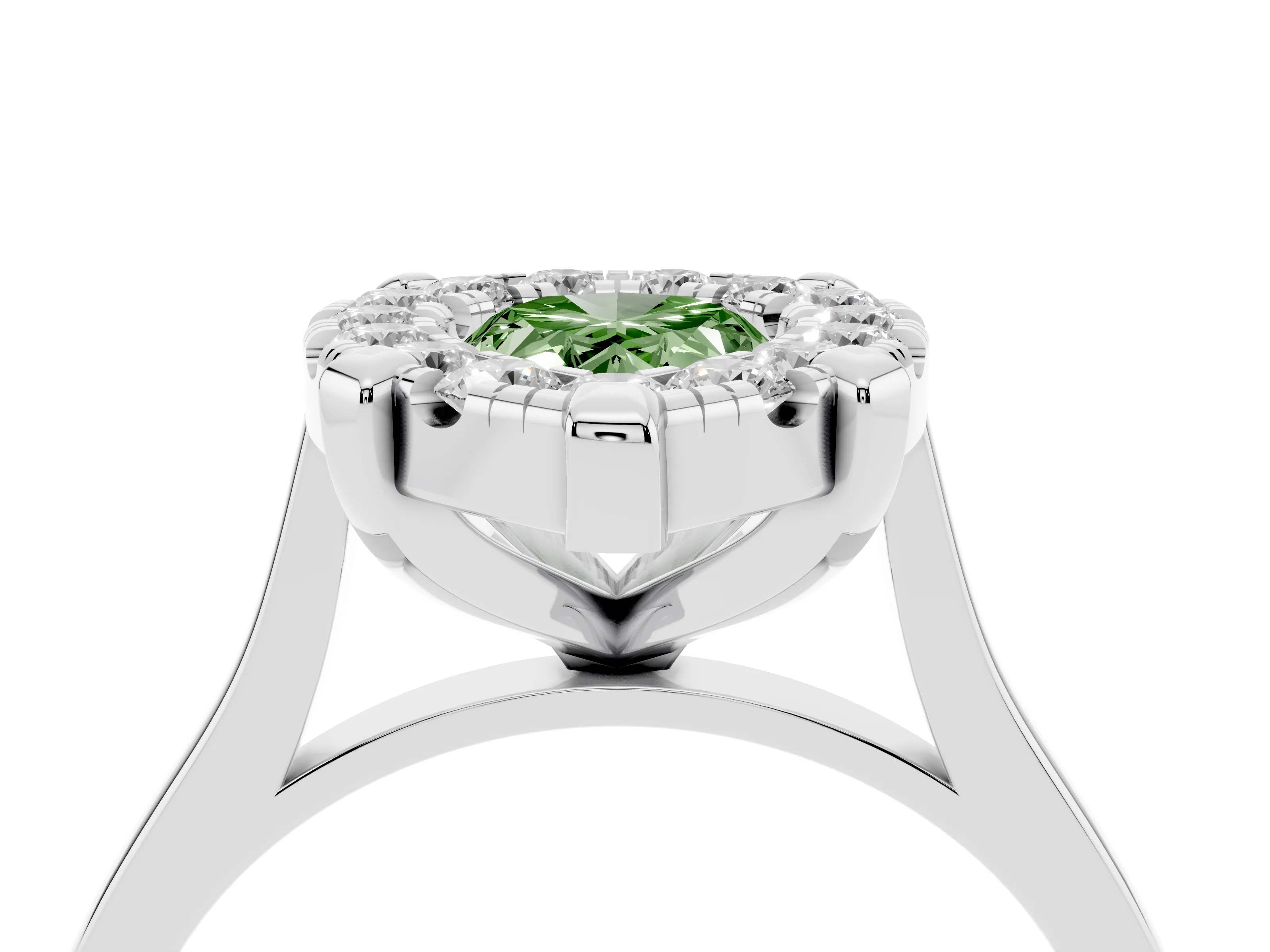 Fancy Green Pear Cut Diamond Cluster Halo Solitaire Ring Set in Silver with Prong Setting