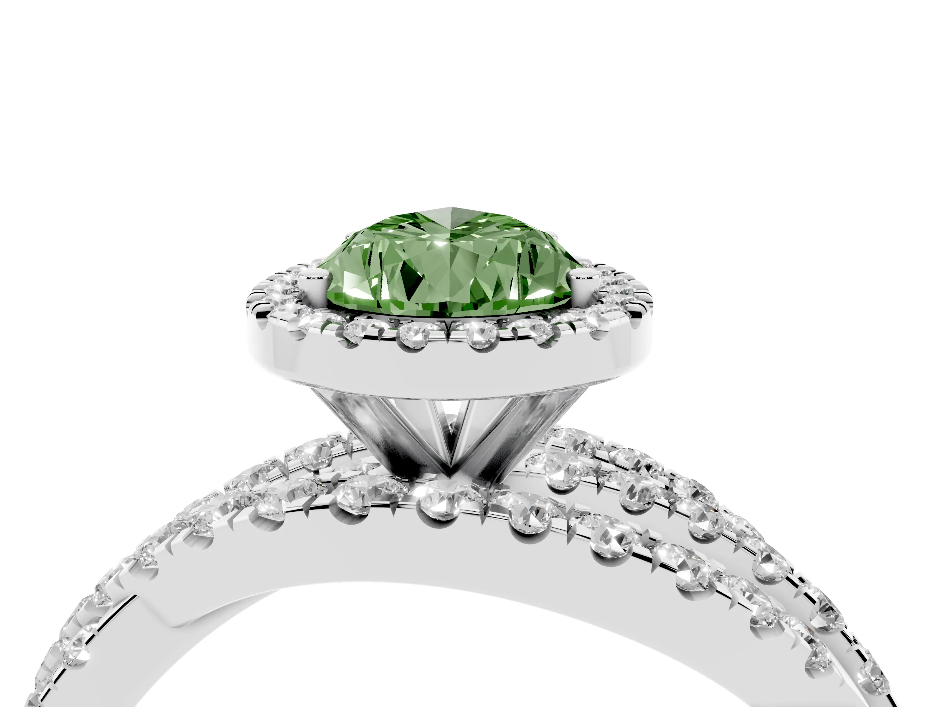 Fancy Green Pear Cut Diamond Halo Ring Set in Platinum with Round Crossover Split Shank and Prong Setting