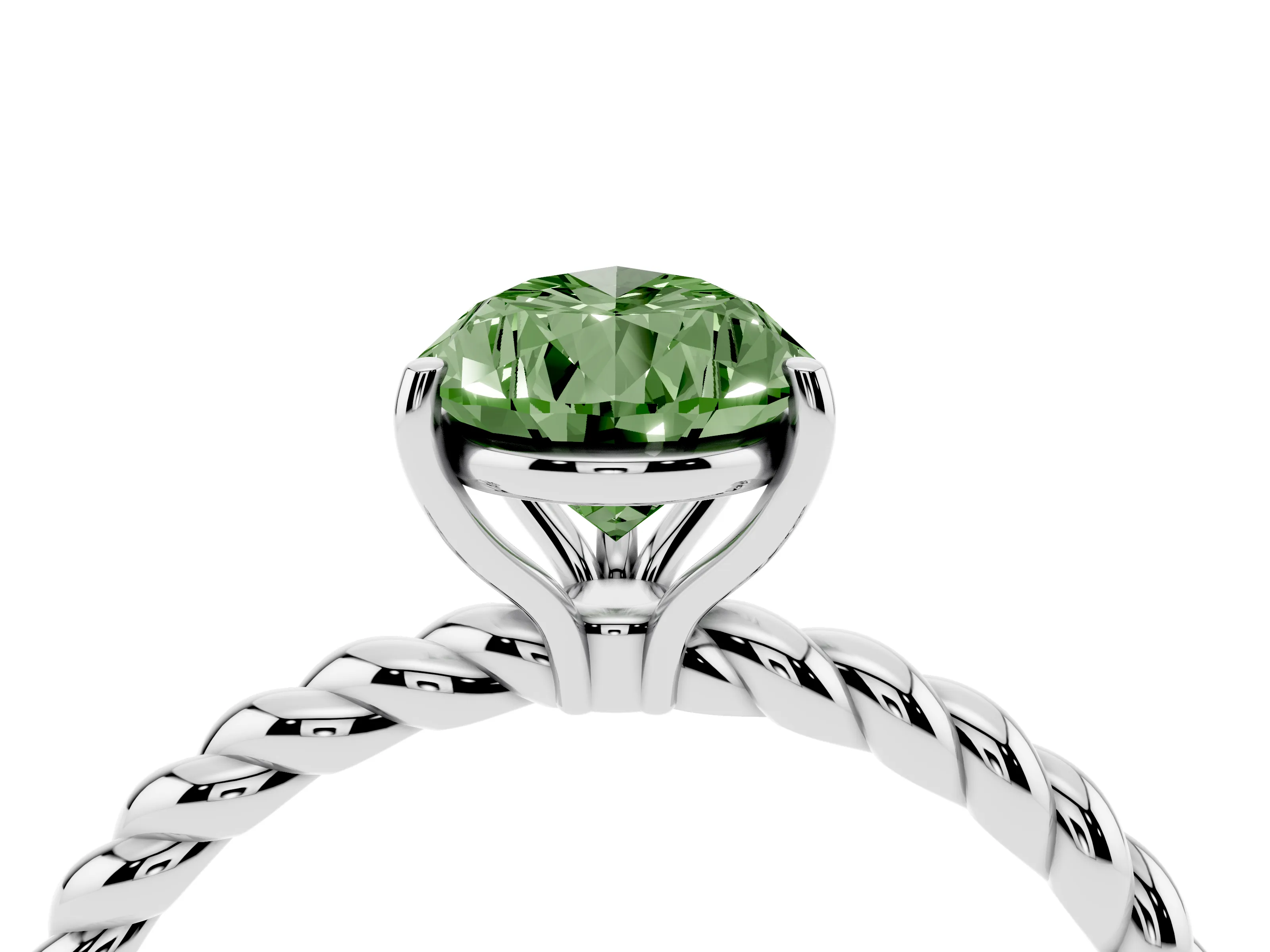Fancy Green Pear Cut Diamond Solitaire Ring Set in White gold with Twist Band and Prong Setting