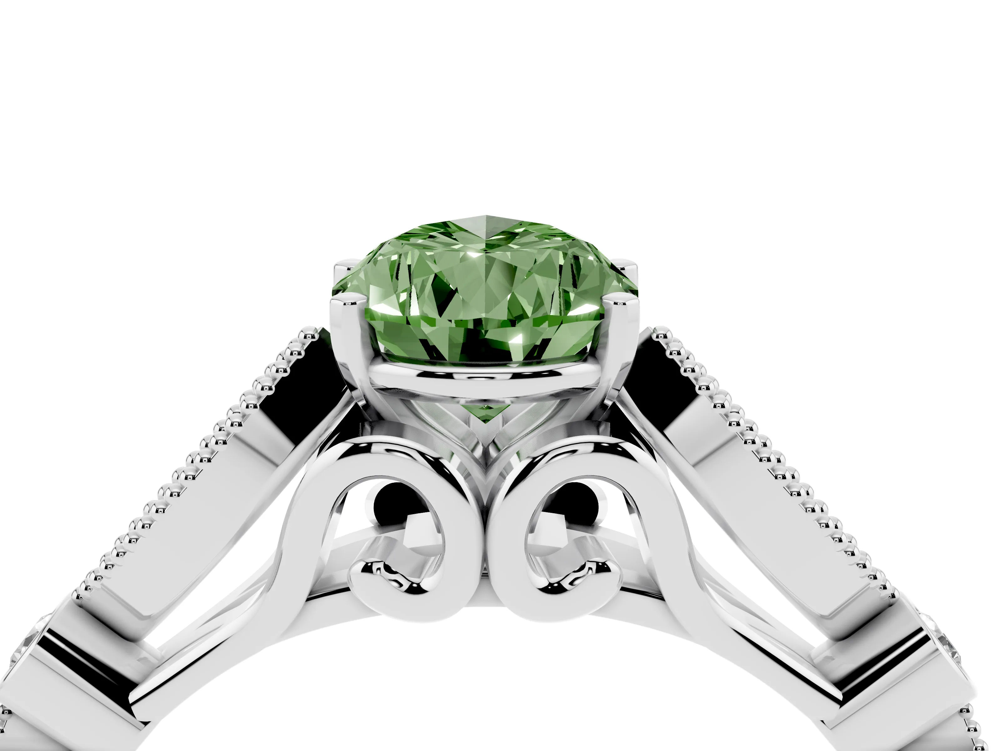 Fancy Green Pear Cut Diamond Solitaire Ring Set in White gold with Milgrain Marquise and Bezel Accents