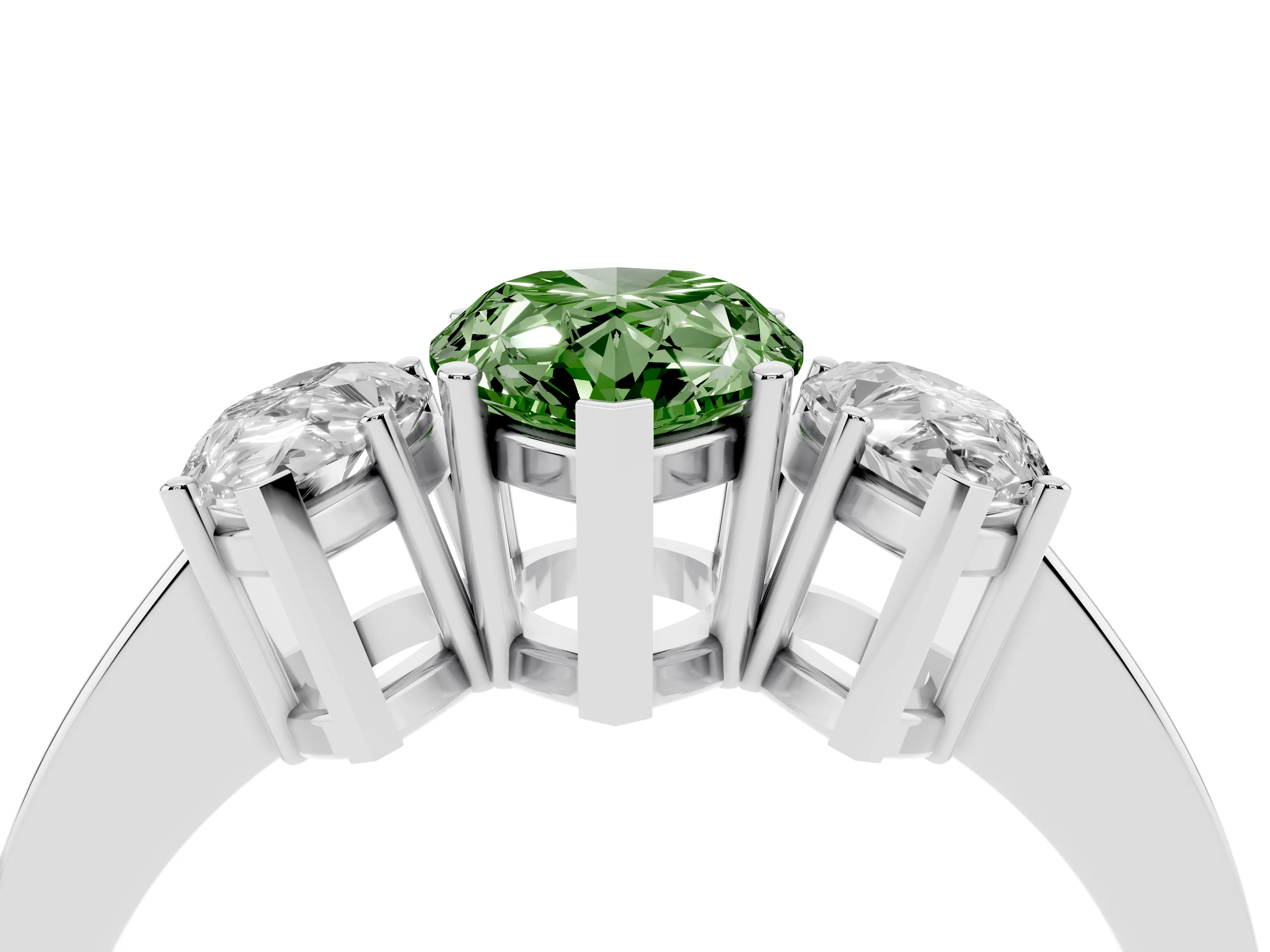 Fancy Green Pear Cut Diamond Three-Stone Engagement Ring Set in White gold with Flat Band