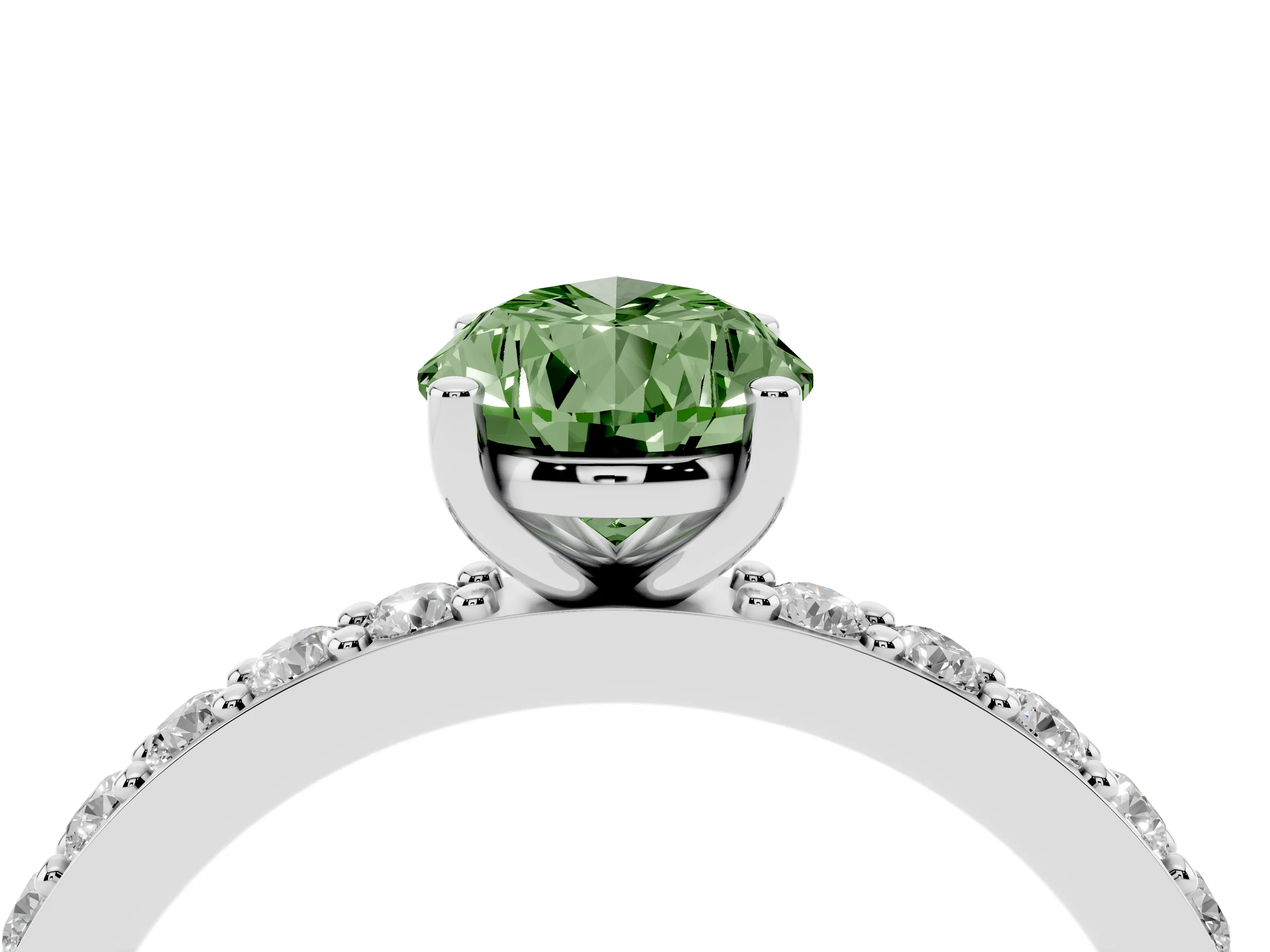 Fancy Green Pear Cut Diamond Solitaire Set in White gold with Round Pavé Band and Prong Setting