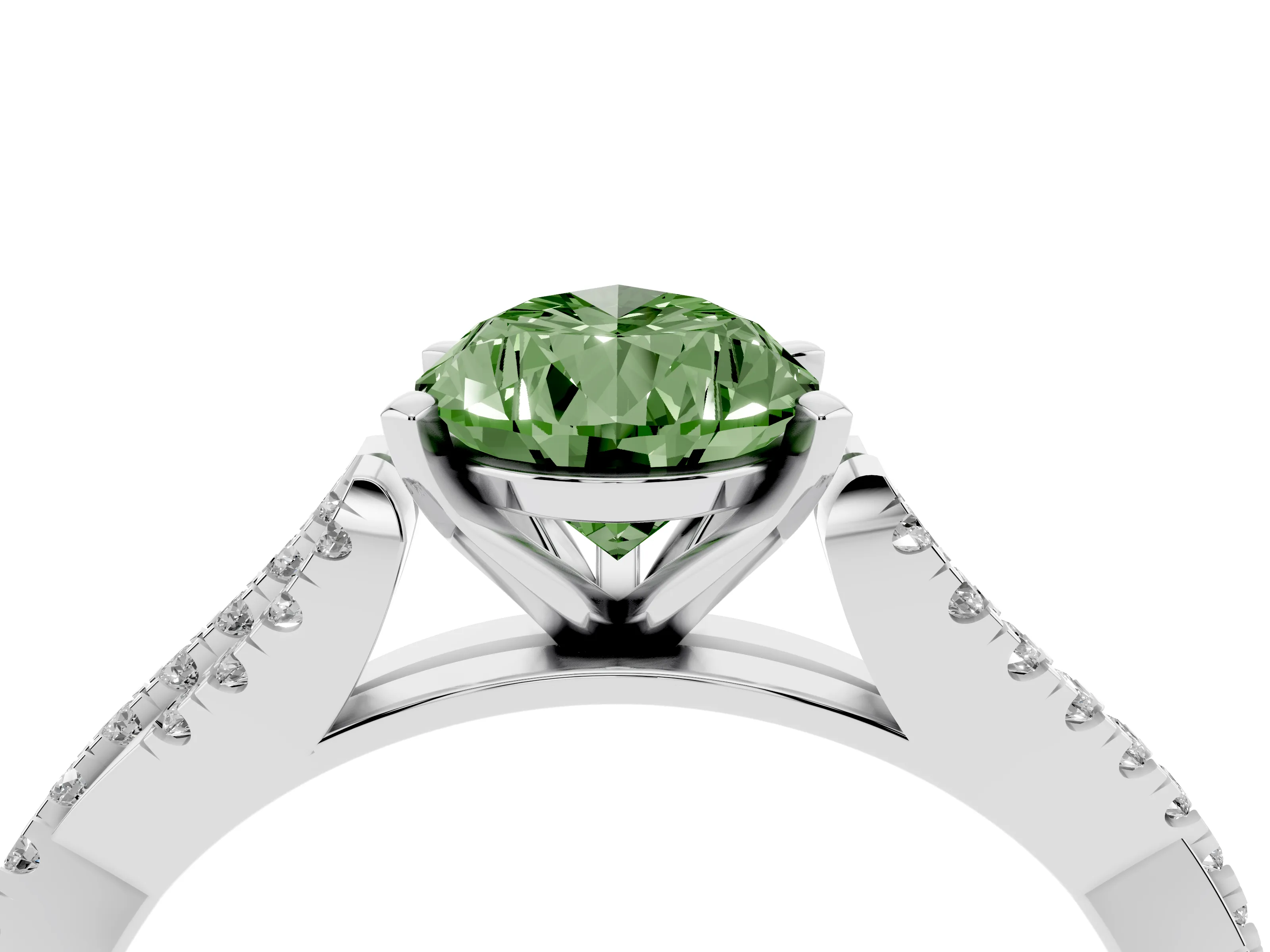 Fancy Green Pear Cut Diamond Solitaire Engagement Ring Set in White gold with Twisted Pavé Band and Prong Setting