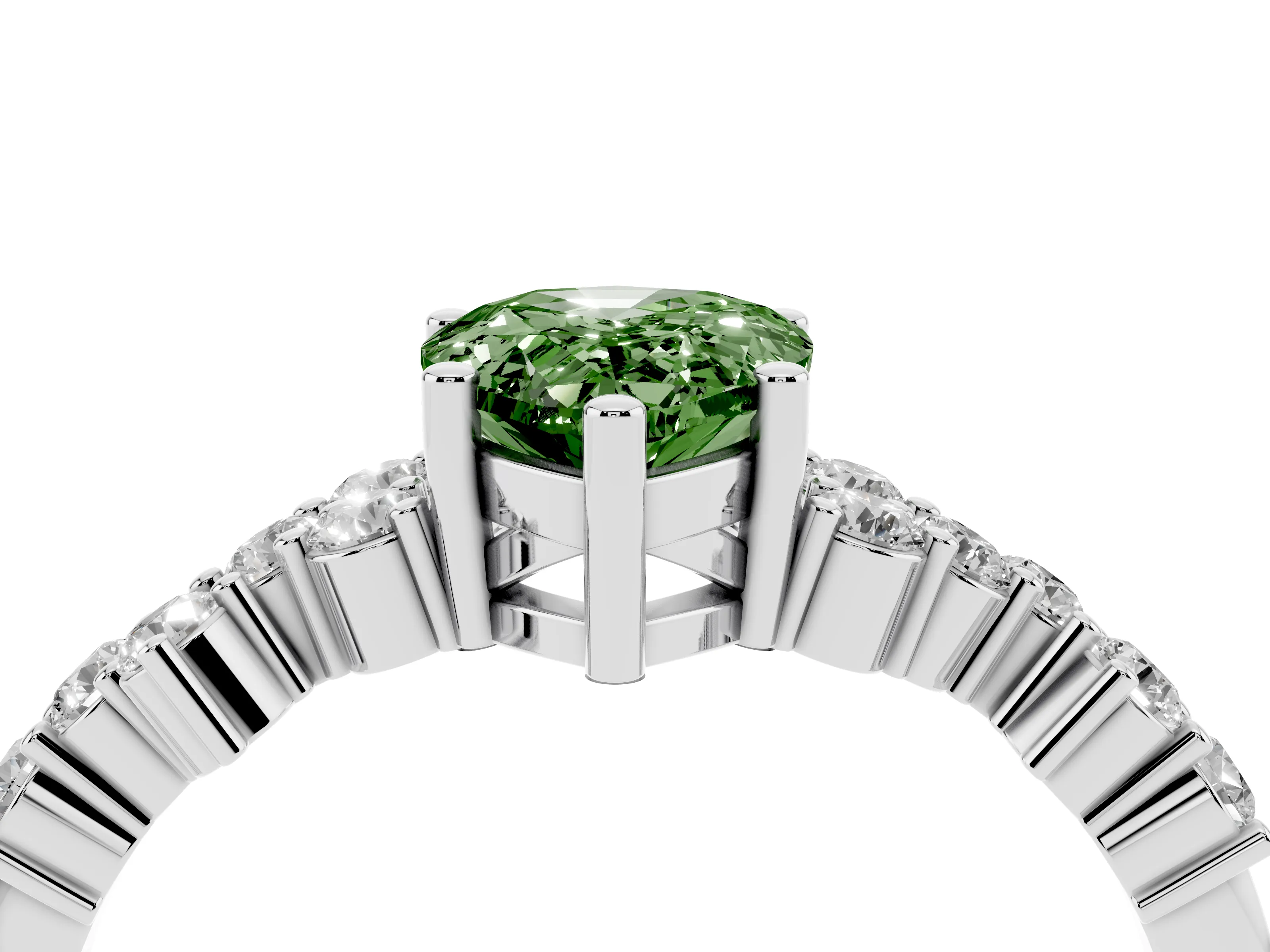 Fancy Green Pear Cut Diamond Ring Set in Platinum with Scattered Round Accents