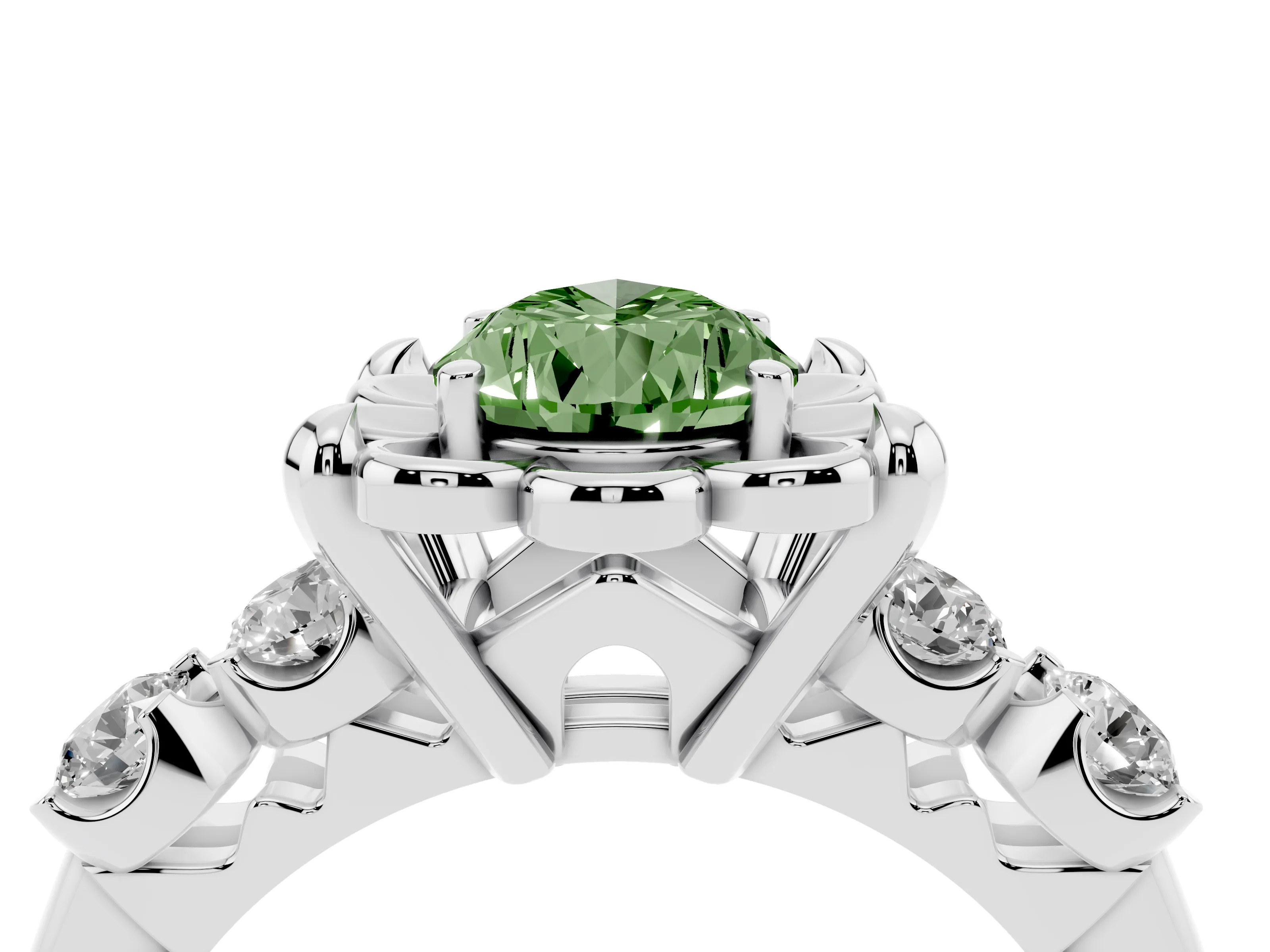 Fancy Green Pear Cut Diamond Floral Halo Ring Set in Platinum with Shared Prong Band