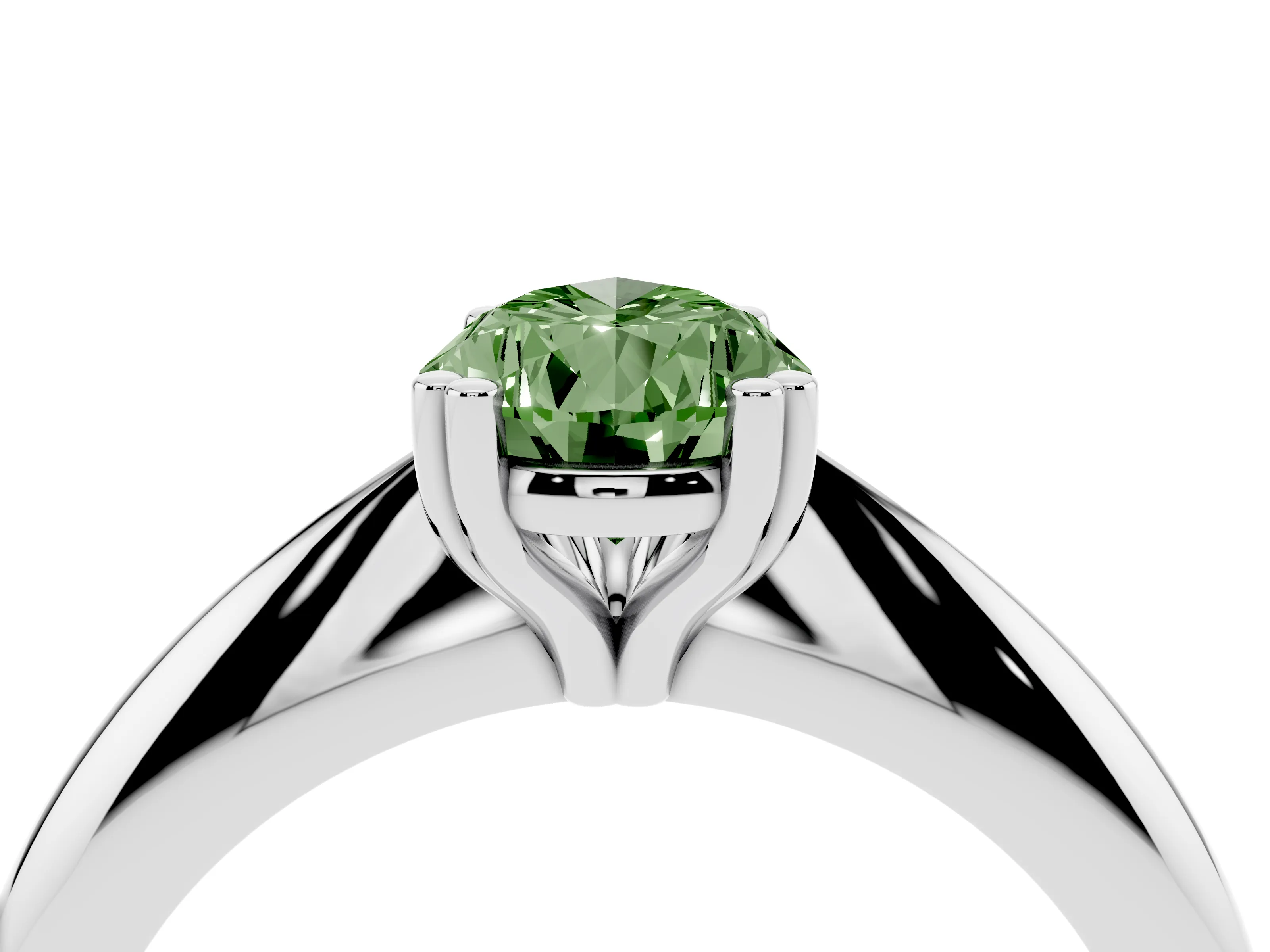Fancy Green Pear Cut Diamond Solitaire Engagement Ring Set in White gold with Tapered Band and Prong Setting