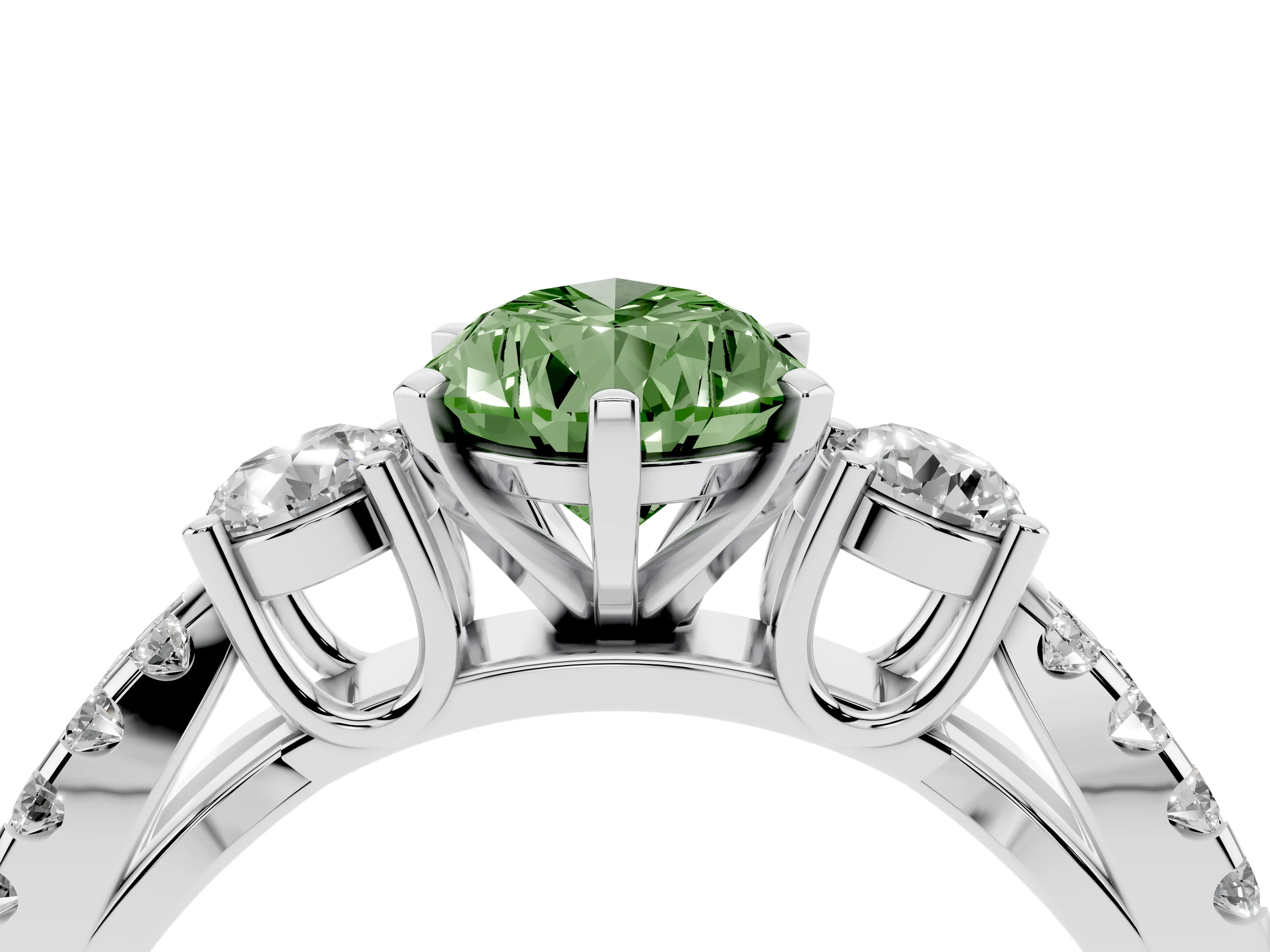 Fancy Green Pear Cut Diamond Three-Stone Ring Set in Silver with Pavé Split Shank and Prong Setting