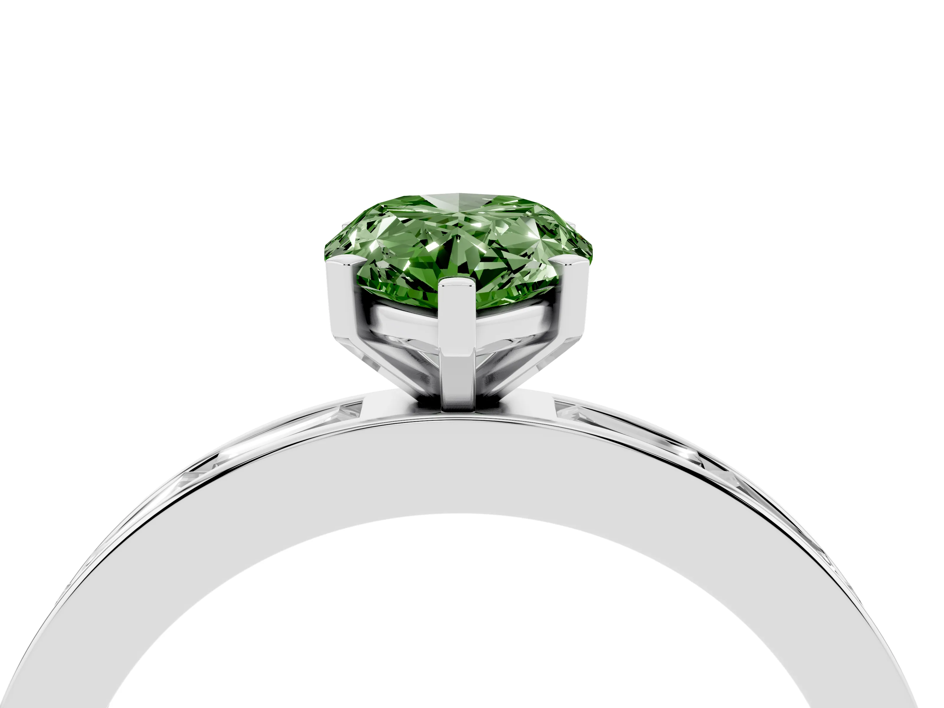 Fancy Green Pear Cut Diamond Solitaire Ring Set in Platinum with Channel-Set Baguette Band and Prong Setting