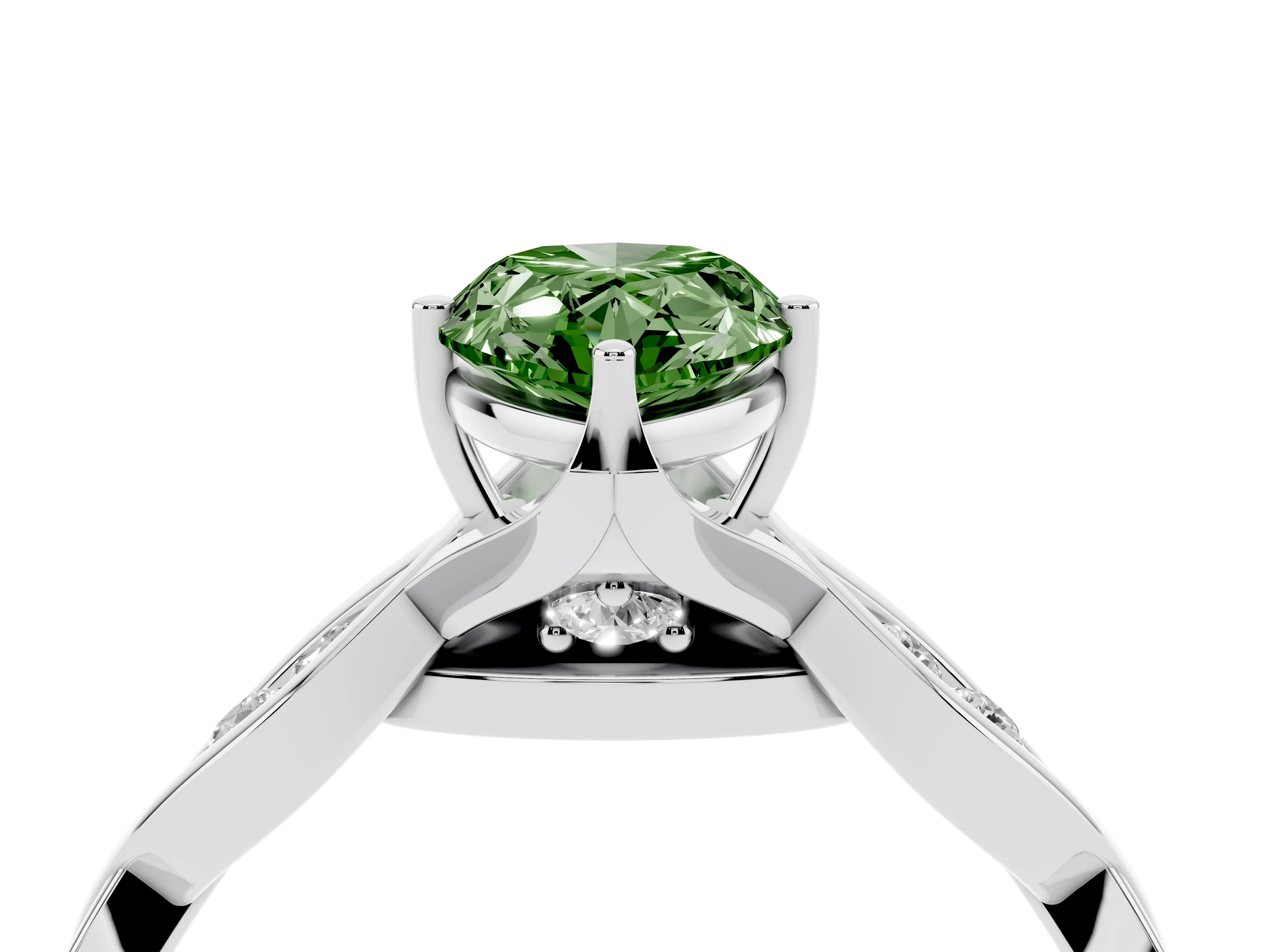 Fancy Green Pear Cut Diamond Twist Band Solitaire Ring Set in Platinum with Leaf Prong Setting and Accent Stones