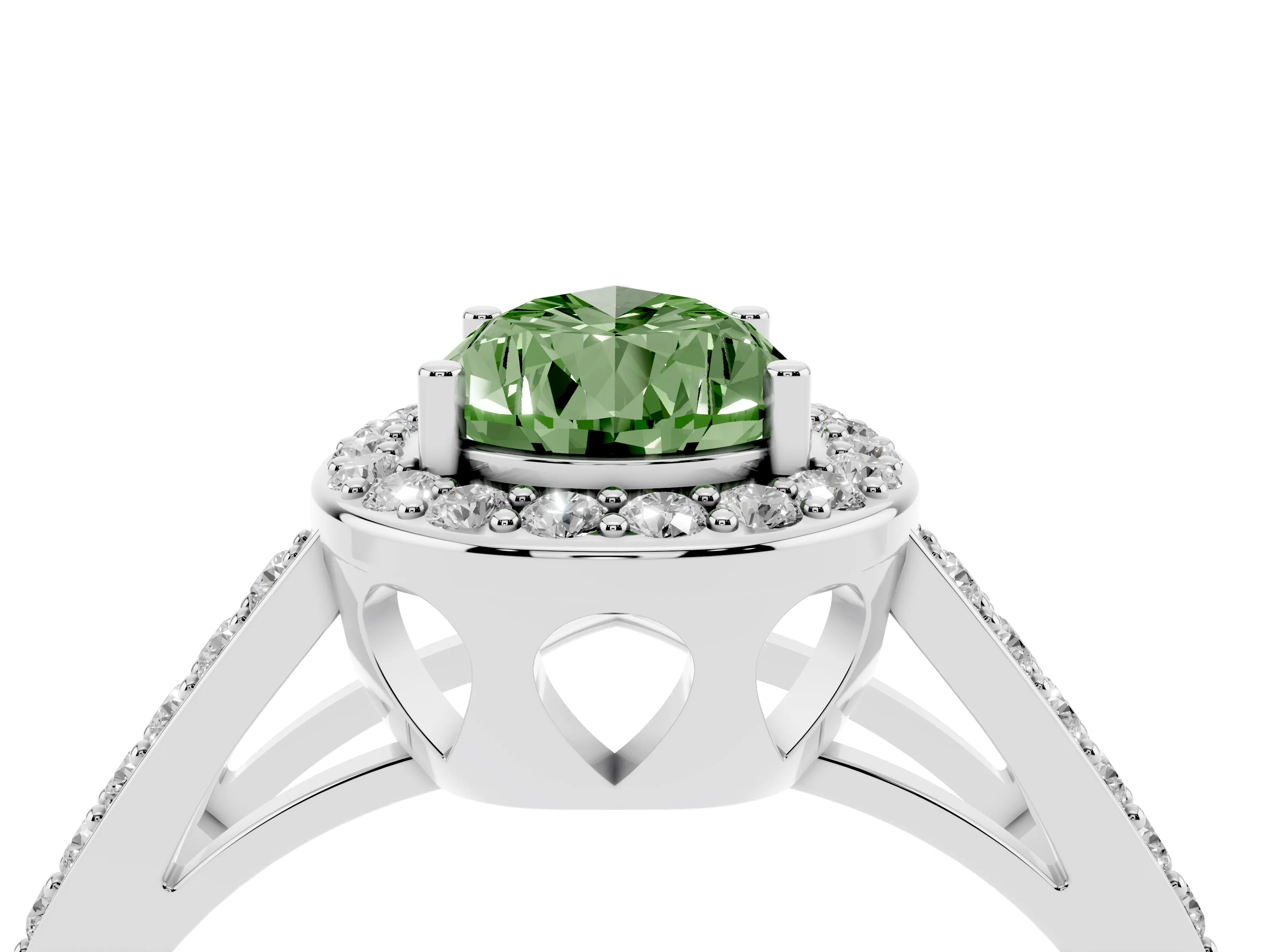 Fancy Green Pear Cut Diamond Halo Ring Set in Platinum with U-Prong Split Shank and Prong Setting
