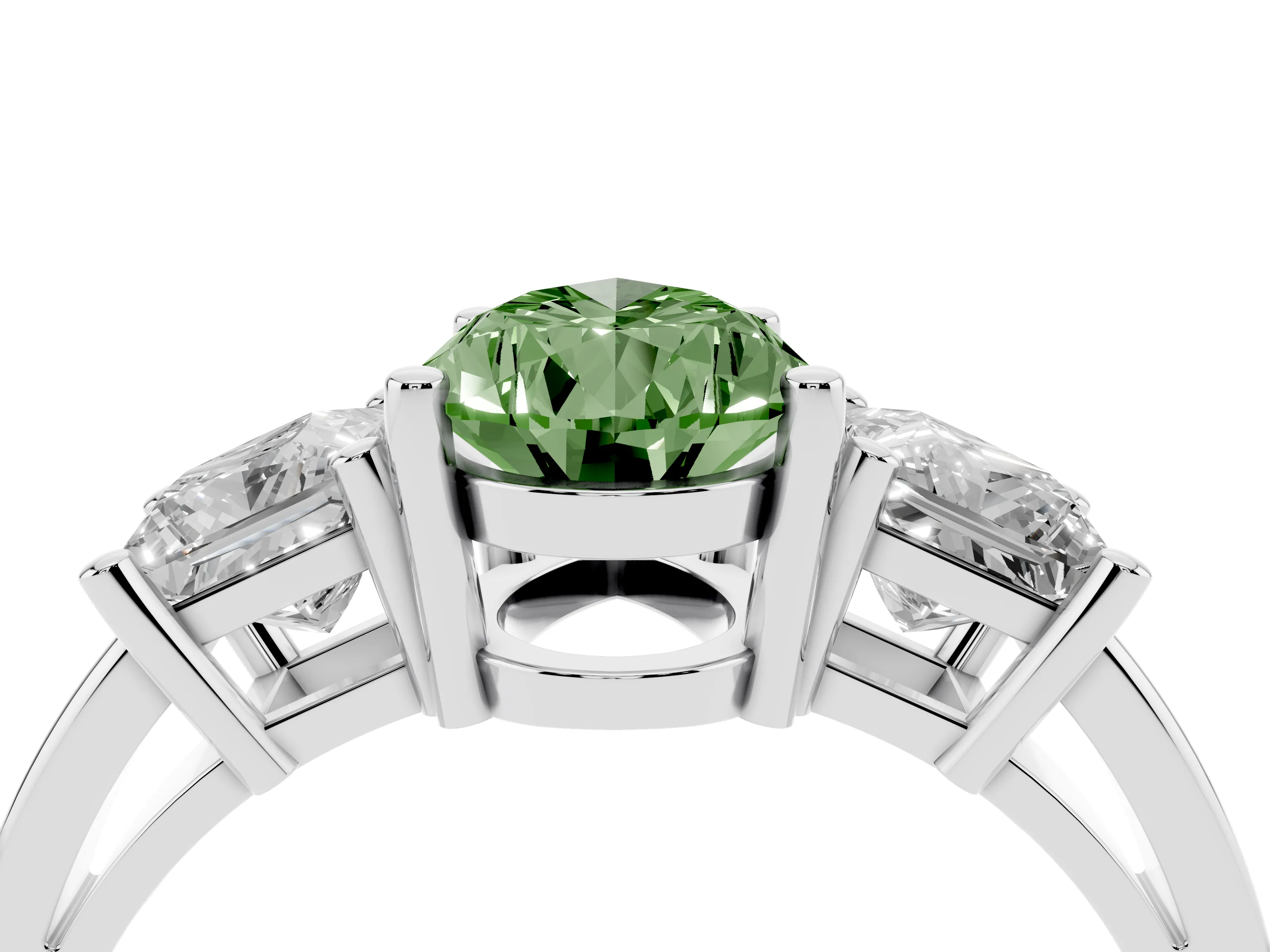 Fancy Green Three-Stone Pear Cut Diamond Solitaire Ring Set in Platinum with Prong Setting