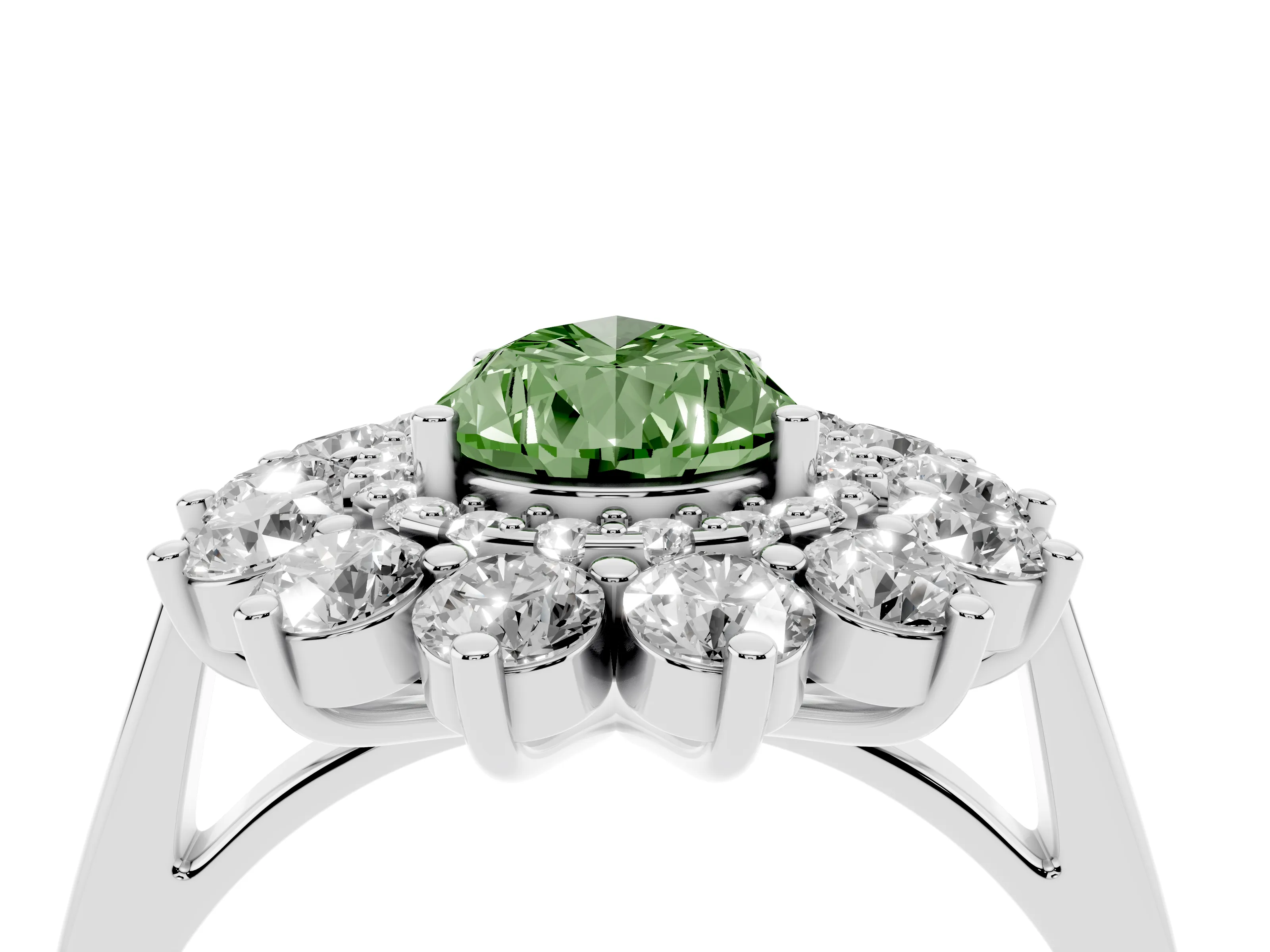 Fancy Green Pear Cut Diamond Floral Double Halo Ring Set in White gold with Round Petals